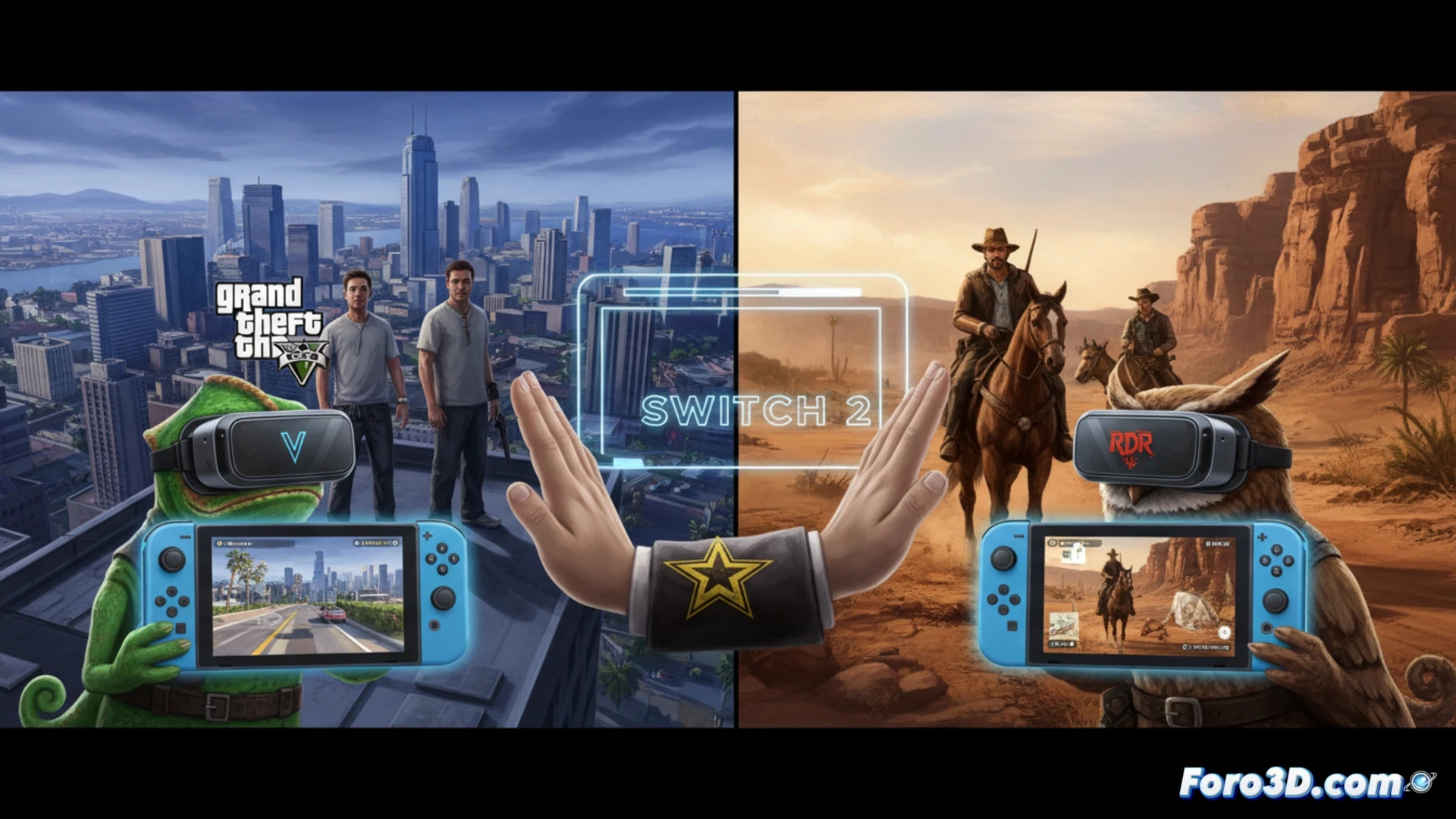 Virtuos Games engineer adjusting a Nintendo Switch motherboard inside a development kit, while a cracked screen displays GTA V and RDR2 logos fading into a blurred silhouette of an unannounced Switch 2 console, during a porting process with soldering tools and software debug cables, cinematic technical illustration, dark blue ambient lighting, metallic heatsinks and exposed PCB traces, photorealistic engineering visualization, focused action on hands assembling hardware, motion blur on spinning cooling fan, glowing debug lines on monitor