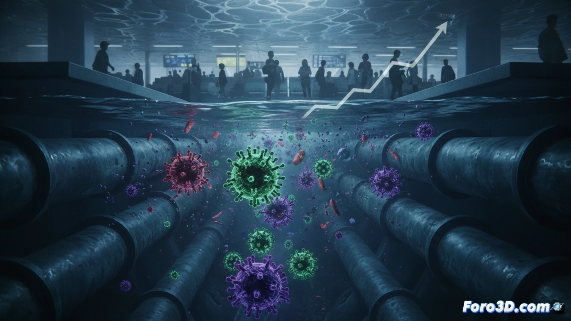 Detailed technical illustration of wastewater analysis process, laboratory technician in hazmat suit using pipette to extract sample from sewage water container, glowing microscopic virus particles floating above the liquid showing HPV-16 and HPV-18 structures, digital DNA sequencing screen displaying viral oncogene markers in background, modern research facility with stainless steel equipment, blue and purple neon lighting, cinematic photorealistic style, high detail on virus capsid geometry, water droplets on glass surface, reflection of molecular models in liquid, dramatic shadows emphasizing contamination detection, ultra-sharp focus on pipette tip transferring sample