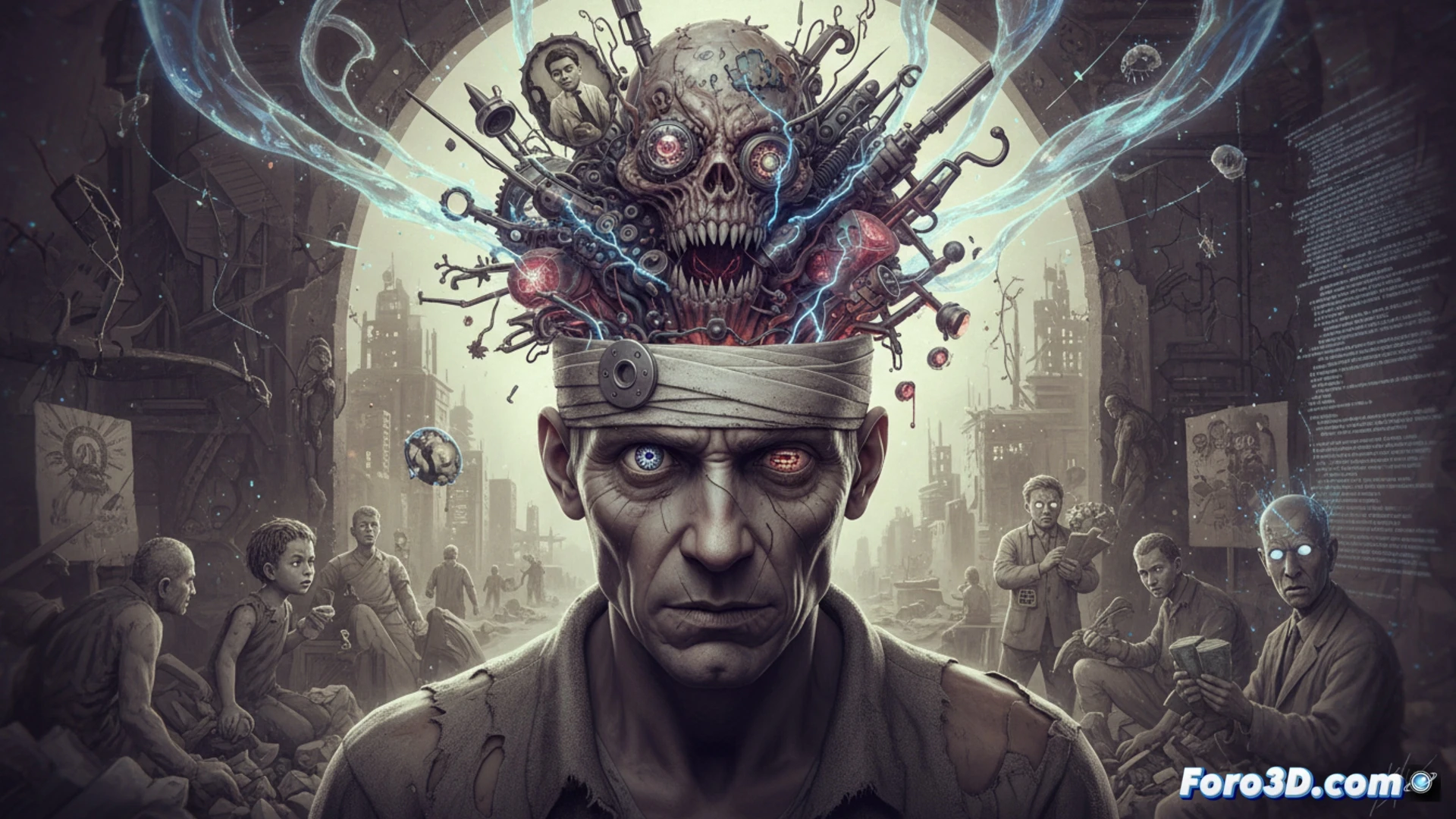 Ilustración hiperrealista 3D de un hombre sin hogar con trepanación, mostrando traumas como entidades grotescas y dolor psicológico.