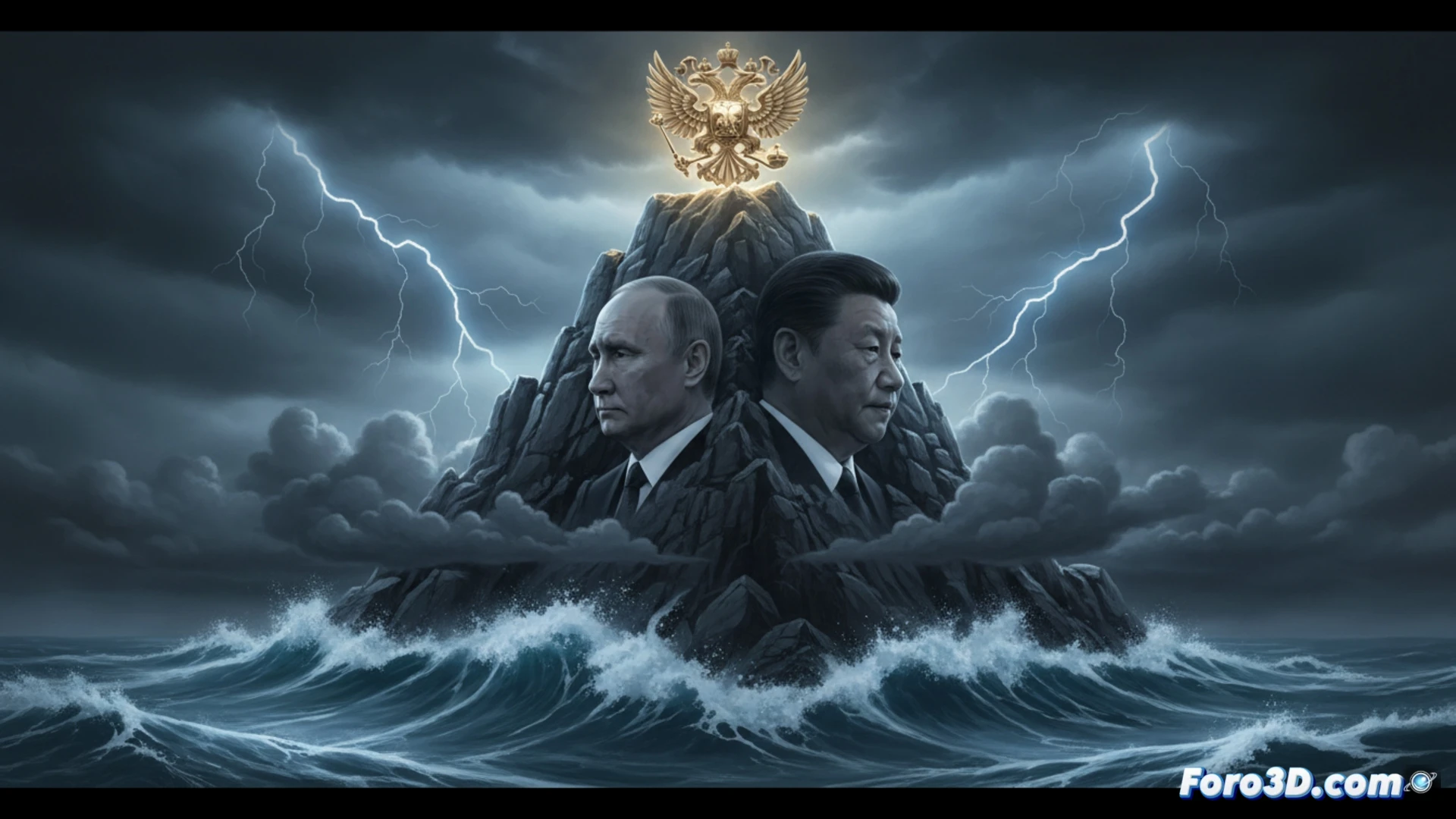 Two massive granite mountain peaks emerging from stormy ocean waves, one peak marked with a red star and the other with a golden hammer and sickle, lightning strikes around them while the peaks remain unmoved, a digital map projection showing global storm systems swirling around the mountains, cinematic photorealistic visualization, dramatic dark clouds with silver linings, ocean spray being blown sideways by hurricane-force winds, rugged rock texture with deep crevices, ultra-detailed geological formations, epic scale with tiny ships being tossed in the foreground waves, atmospheric haze at the base, high-contrast lighting from a single beam of sunlight breaking through the storm