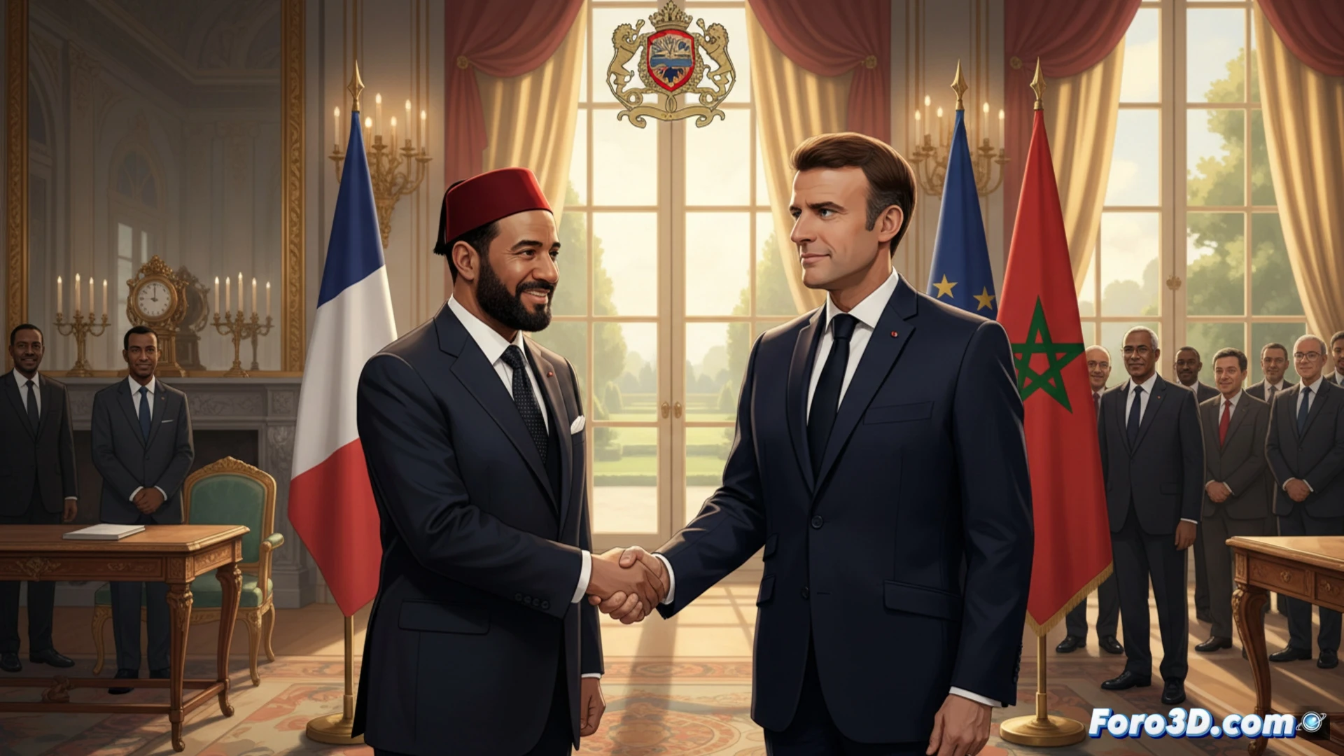 Moroccan King Mohammed VI shaking hands with French President Emmanuel Macron at the Élysée Palace entrance, red carpet ceremony with honour guards in full uniform, French and Moroccan flags waving in wind, diplomatic handshake in mid-action, photorealistic cinematic visualization, warm golden hour sunlight casting dramatic shadows, polished marble floor reflecting the scene, formal state attire, bilateral meeting symbolism, ultra-detailed facial expressions showing mutual respect, high-end architectural background with classical columns, professional diplomatic photography style