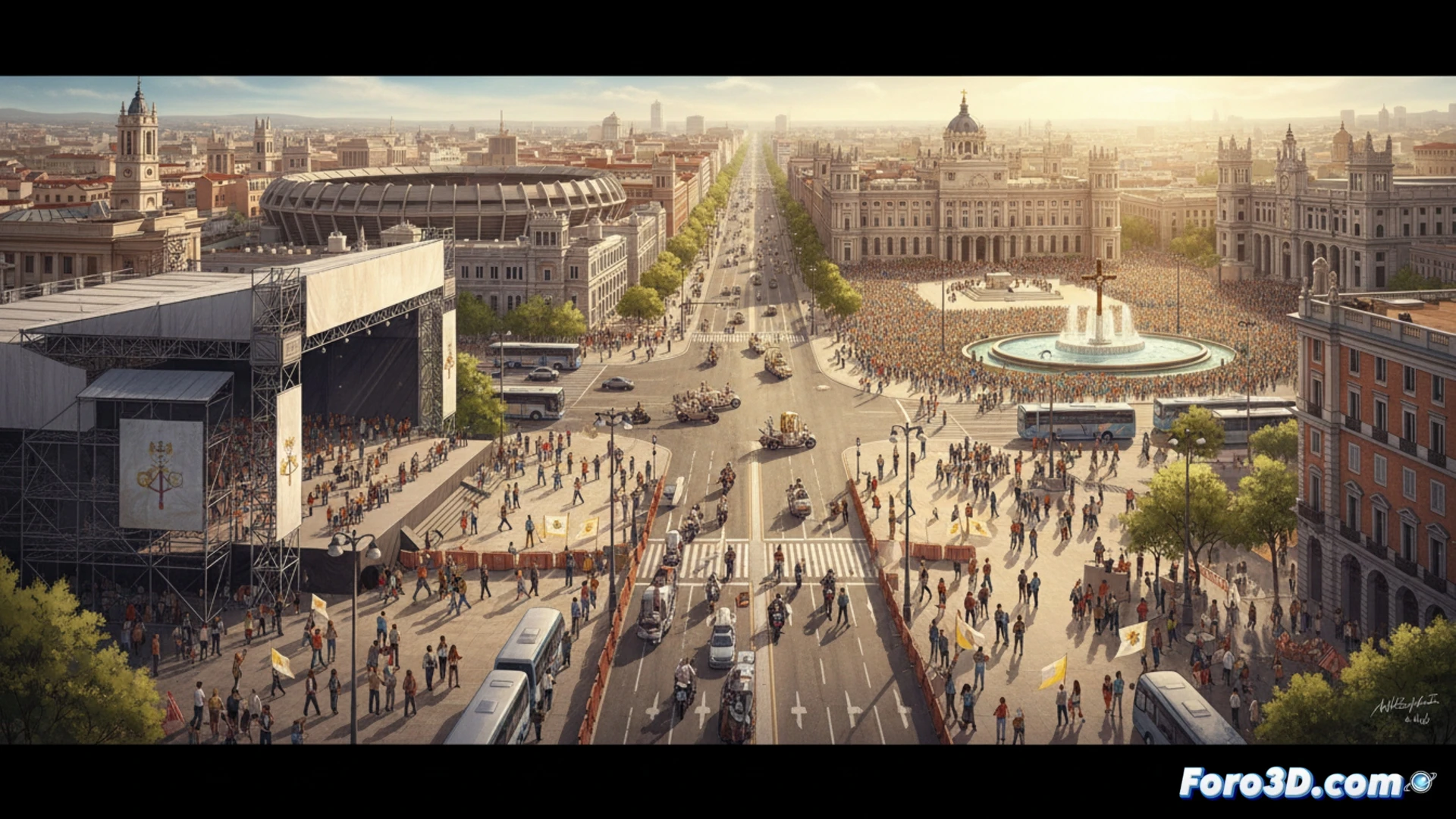 Madrid cityscape at dusk with Plaza de Lima blocked by concrete barriers and police vehicles, workers installing metal crowd-control fences around Cibeles fountain, traffic cones diverting cars away from Almudena Cathedral access roads, digital variable message signs displaying road closure dates, aerial view showing empty streets and rerouted traffic, cinematic photorealistic urban planning visualization, dramatic golden hour lighting casting long shadows, detailed asphalt textures and reflective vehicle surfaces, wide-angle lens perspective emphasizing scale of security preparations