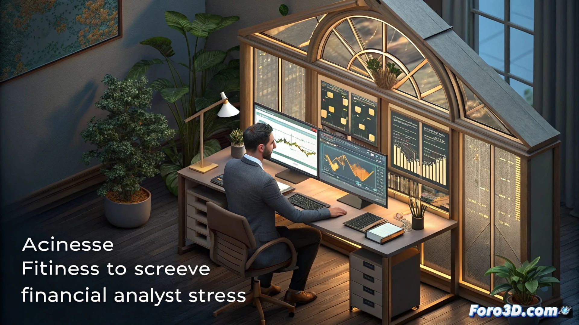 Analista financiero usando gafas VR para visualizar datos bursátiles en 3D, gráficos interactivos flotantes