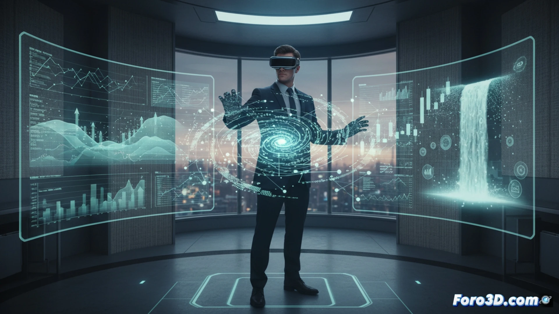 Trader frente a pantalla 3D con gráficos bursátiles holográficos en entorno oscuro y relajante