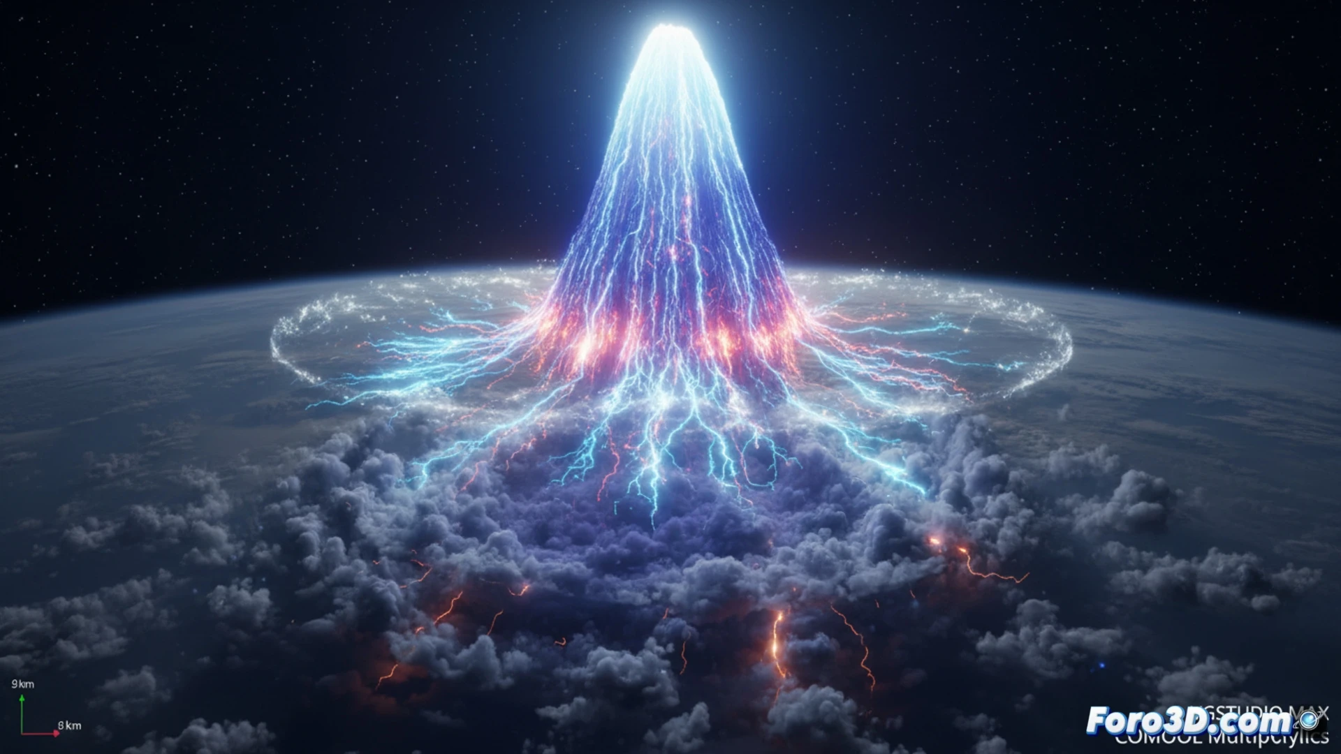 Simulación 3D de chorro gigante desde tormenta hasta ionosfera a 90 km de altura con plasma visible