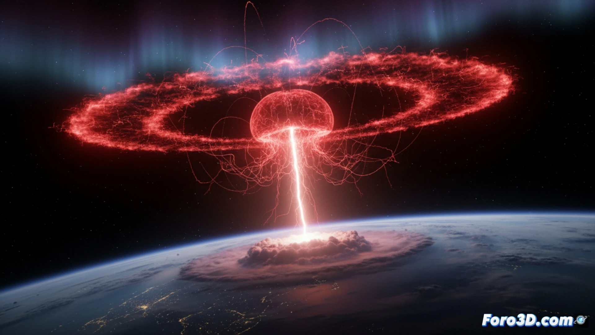 Simulación 3D de anillos de luz roja expandiéndose en la ionosfera terrestre a 100 km de altitud