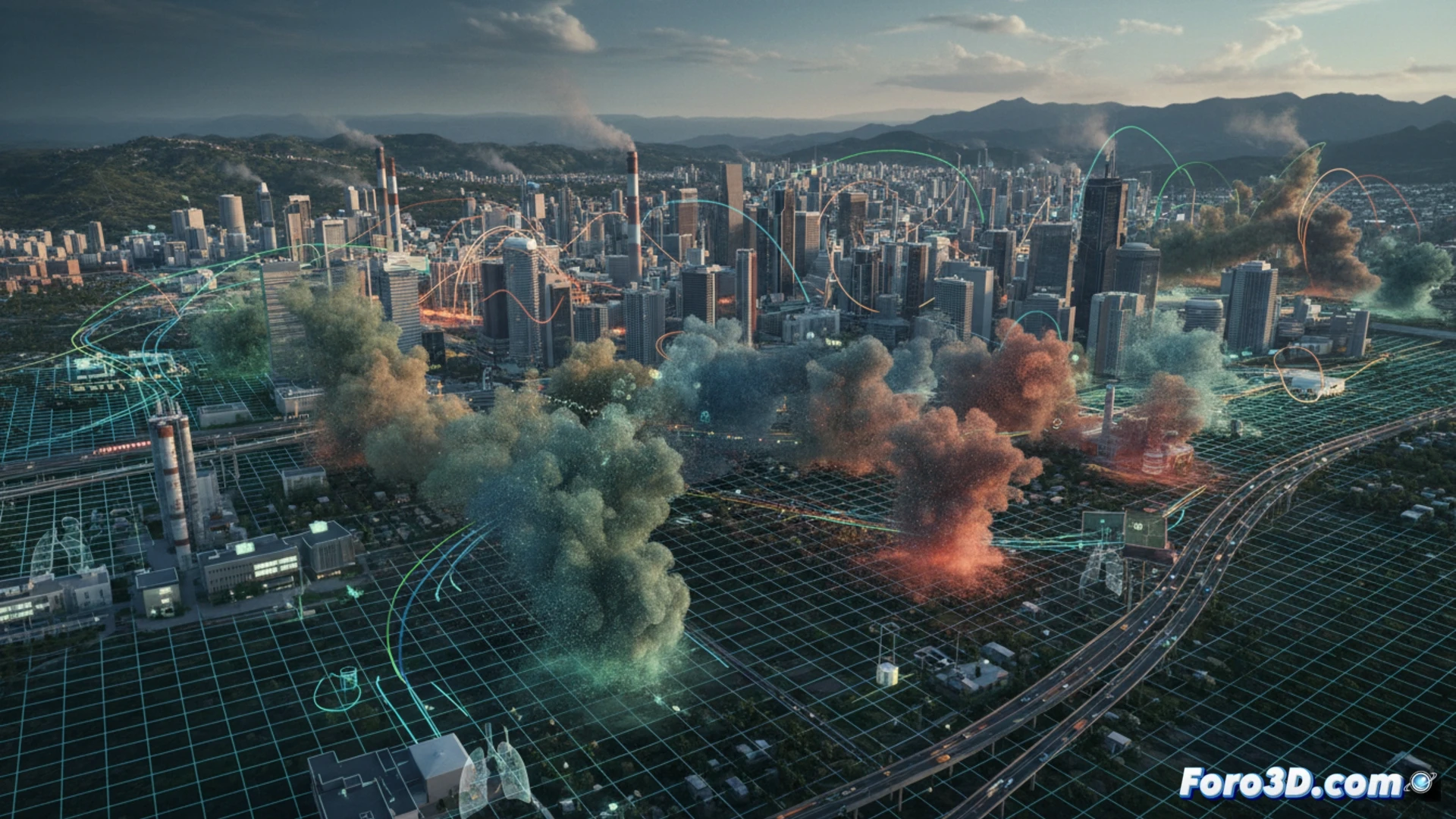 Visualización 3D de plumas contaminantes sobre ciudad con topografía urbana y vectores de viento en tiempo real