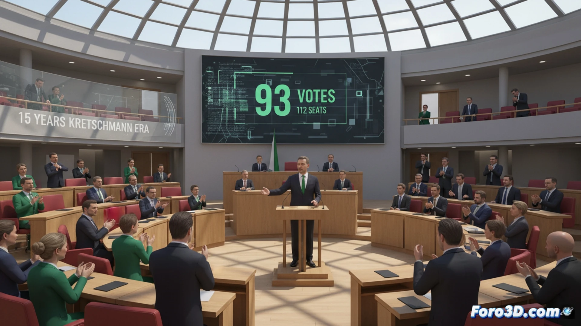 Gráfico 3D del parlamento de Baden-Württemberg mostrando escaños de la coalición y votos reales para Özdemir