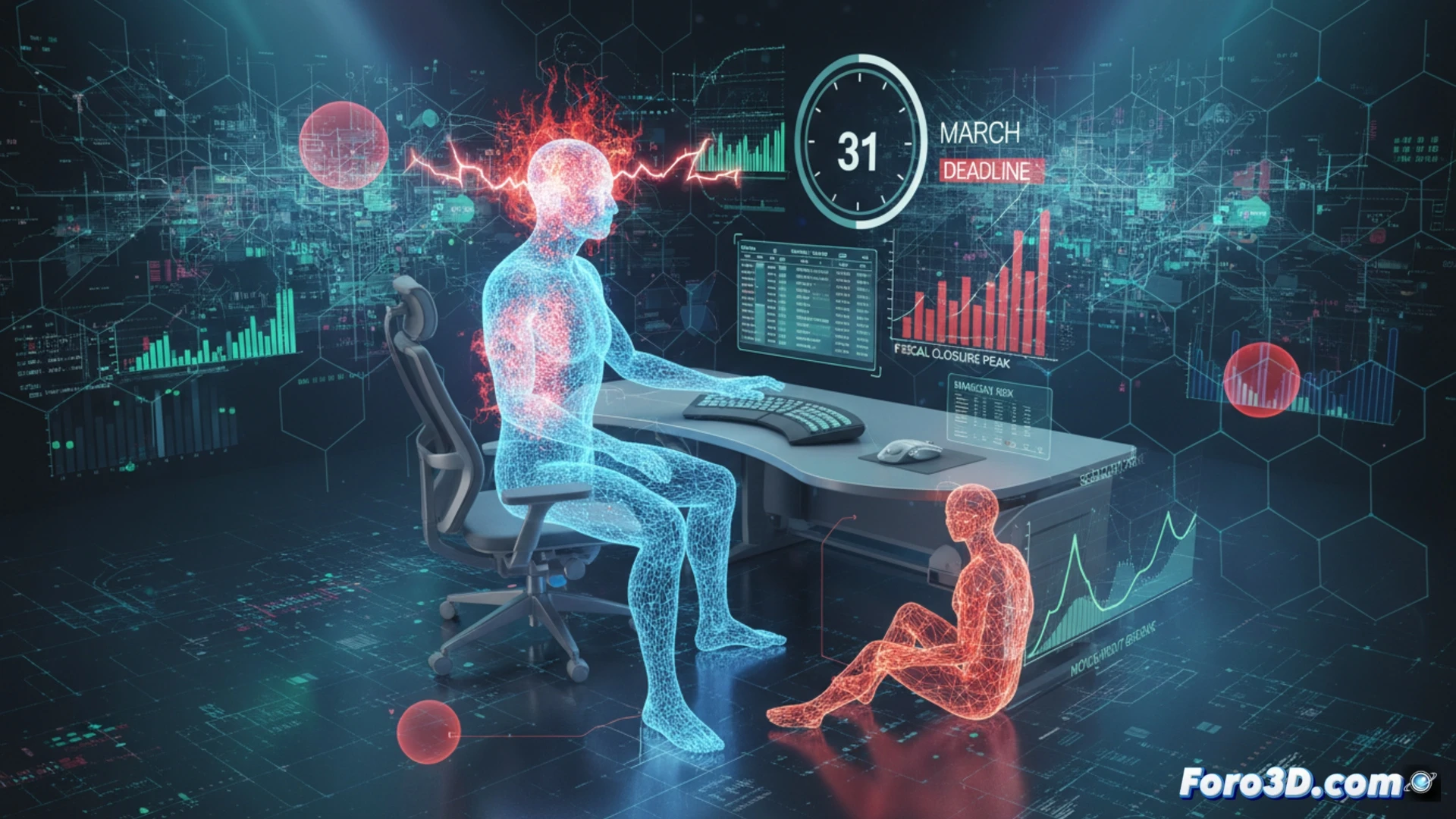 Visualización 3D de riesgos laborales en contables con gráficos de estrés, fatiga visual y ergonomía en oficina
