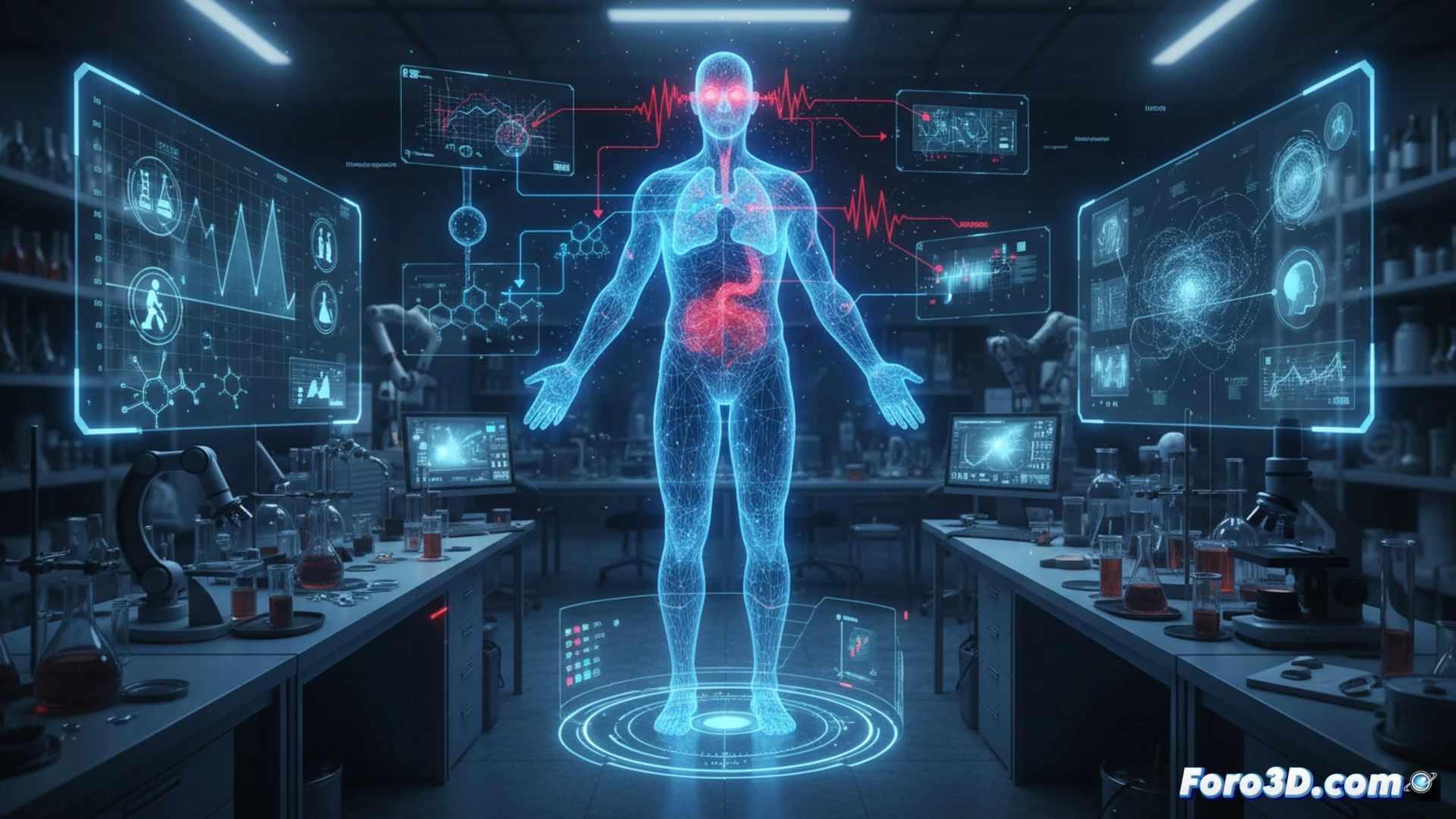 Visualización 3D de riesgos laborales en laboratorio científico con zonas de peligro químico y biológico resaltadas en colores