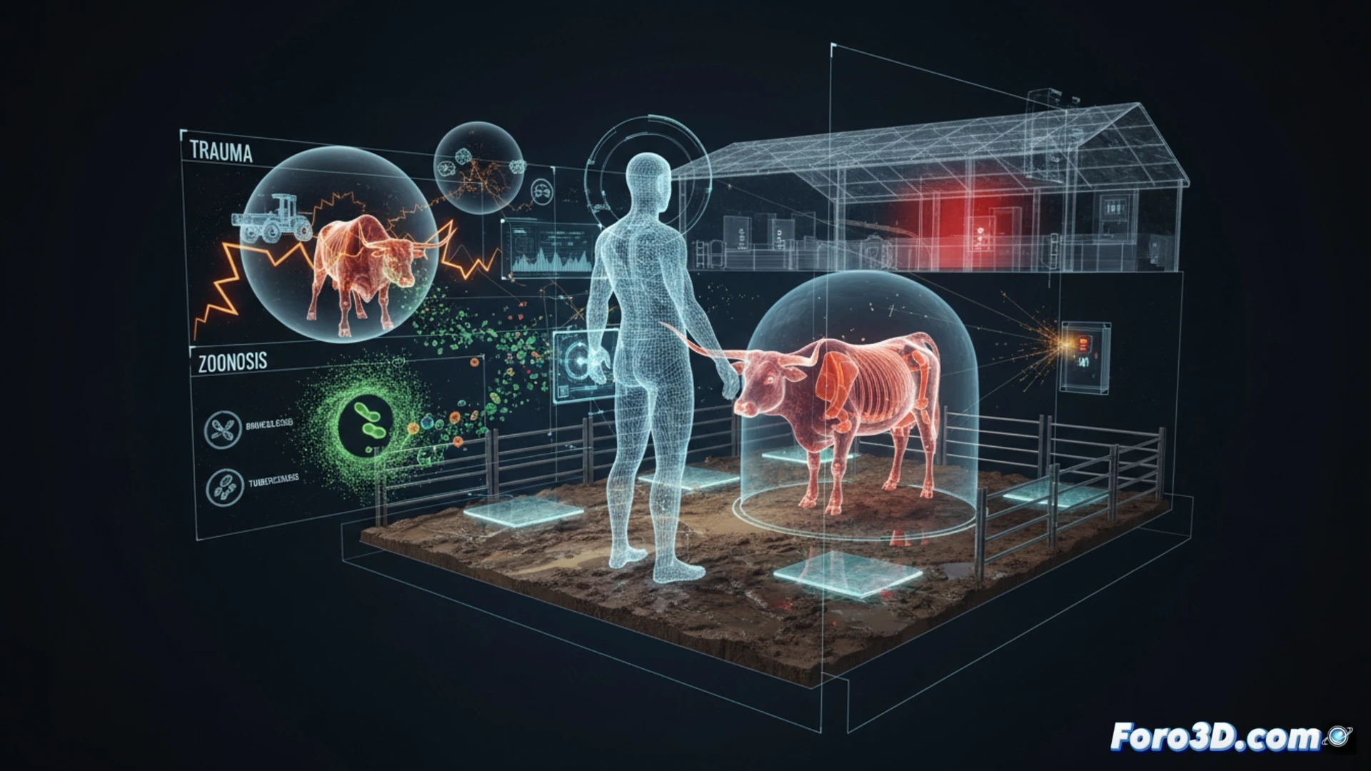 Modelo 3D interactivo de riesgos laborales en cría de ganado con zoonosis y traumatismos