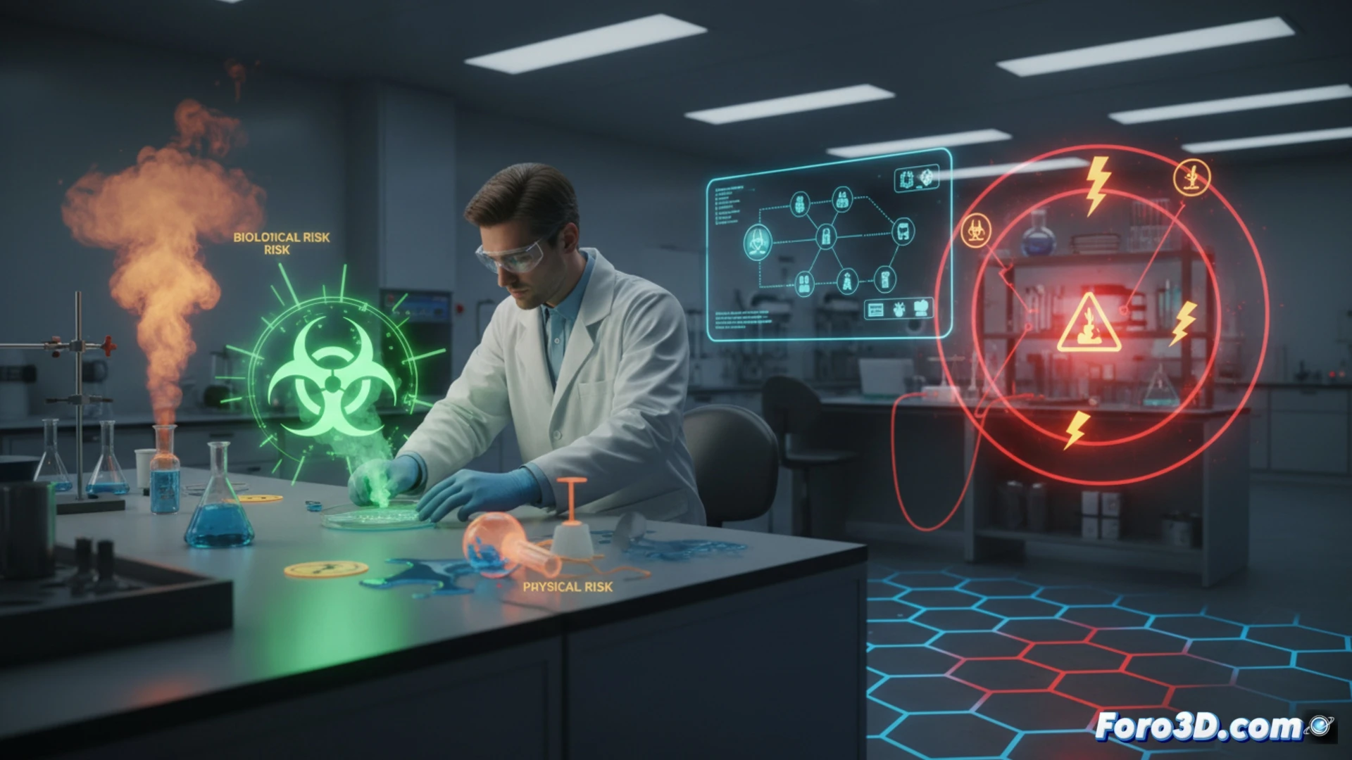 Modelo 3D de laboratorio con zonas de riesgo biológico, químico y fatiga visual señalizadas en colores.