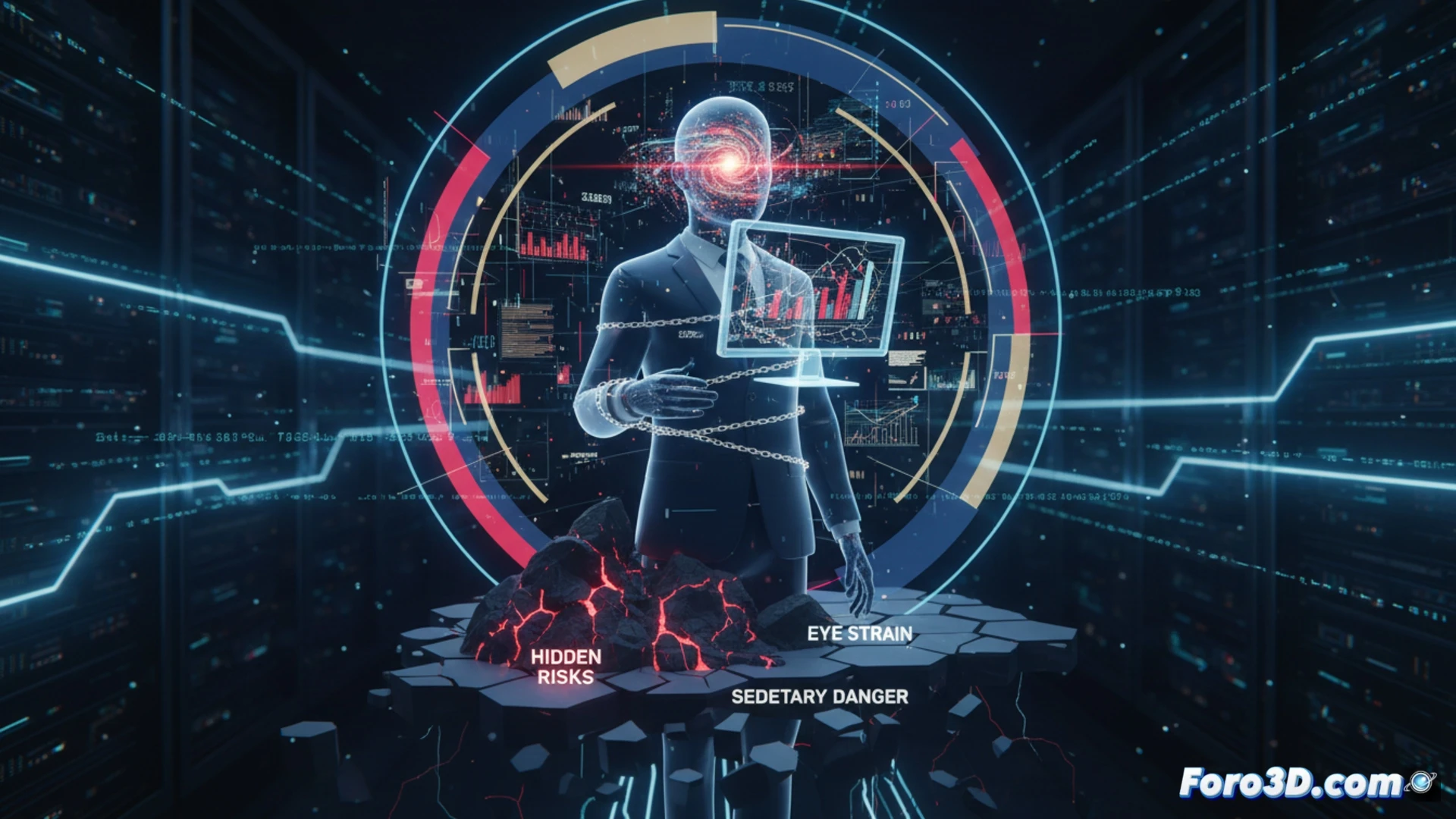 Infografía 3D de un director financiero estresado rodeado de gráficos financieros volumétricos y datos de salud ocupacional