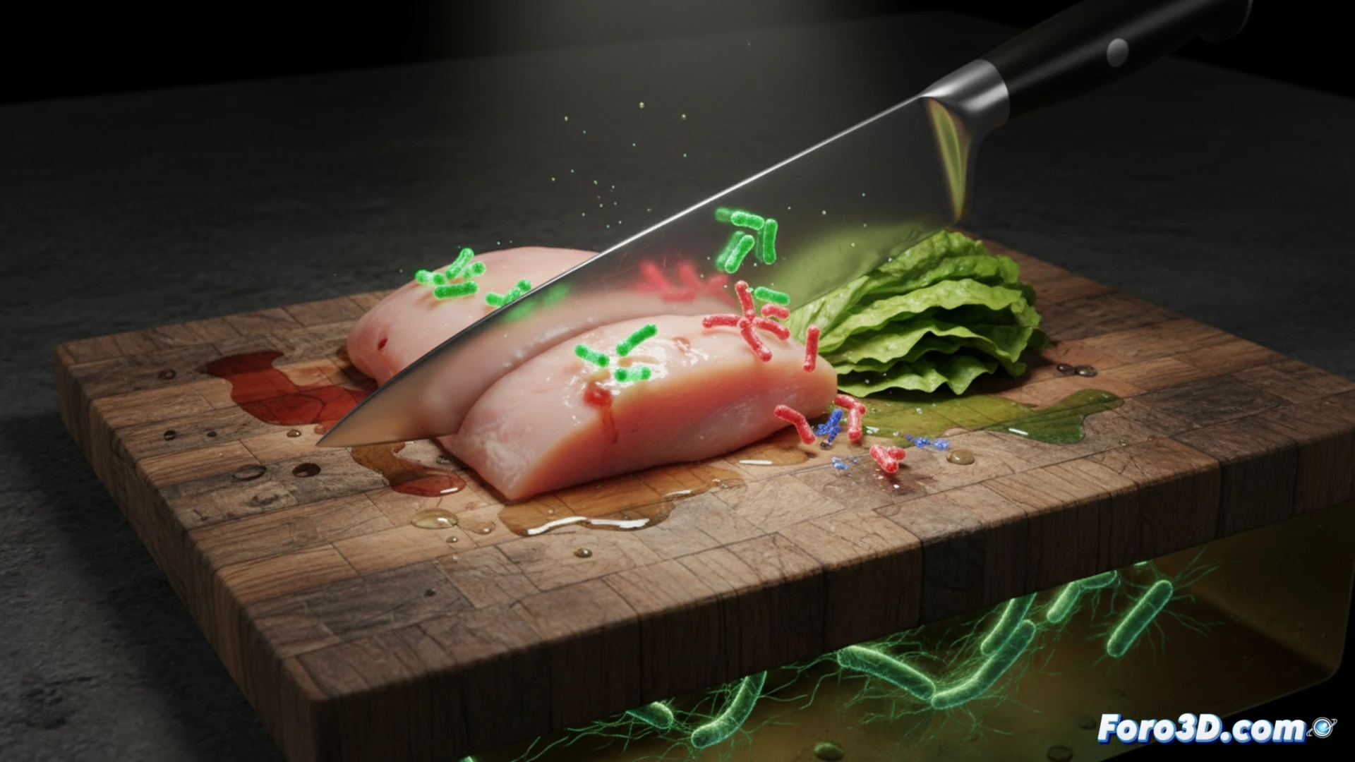 Modelo 3D de transferencia bacteriana por cuchillo contaminado en superficie de cocina, enfoque en adherencia y cizallamiento