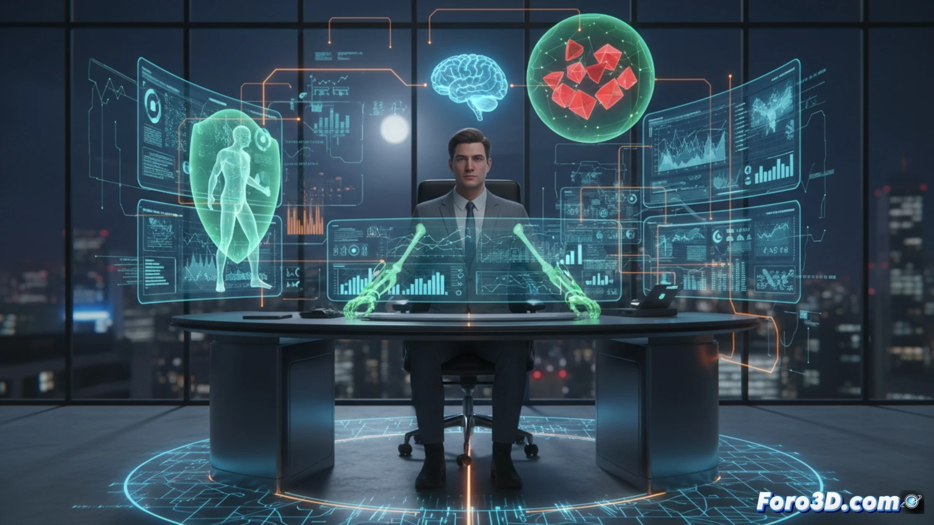 Simulación 3D de riesgos laborales en oficina bancaria con indicadores de estrés y fatiga visual