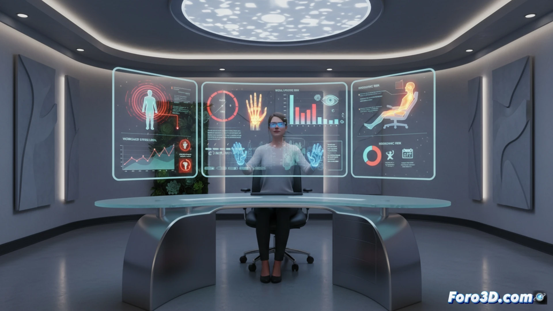 Tablero 3D con gráficos de riesgo laboral, fatiga visual y estrés en asesores fiscales durante campañas tributarias