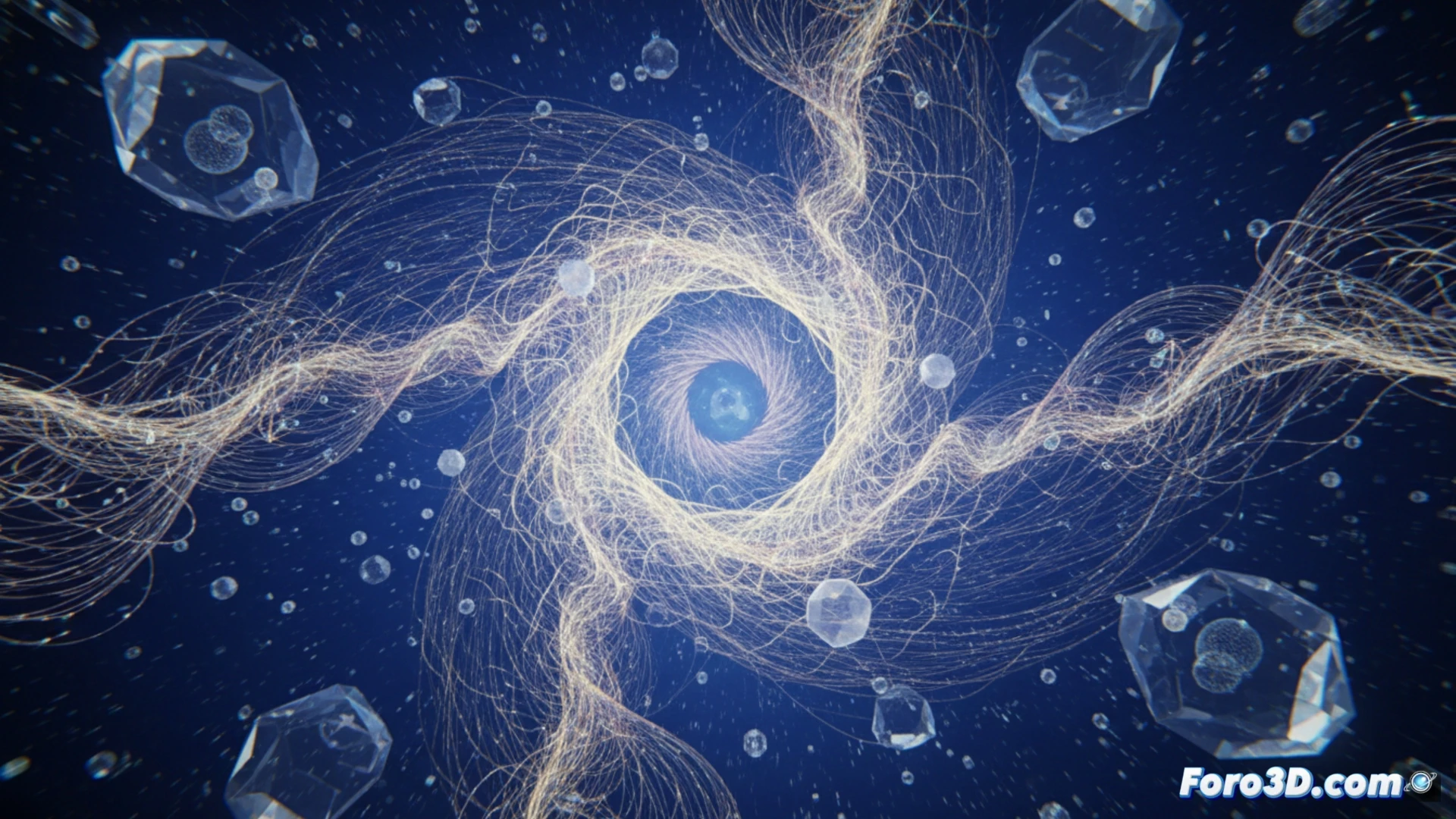 Cuerdas vibrantes en espacio abstracto, visualización científica de teoría cuerdas con colores brillantes y geometría compleja