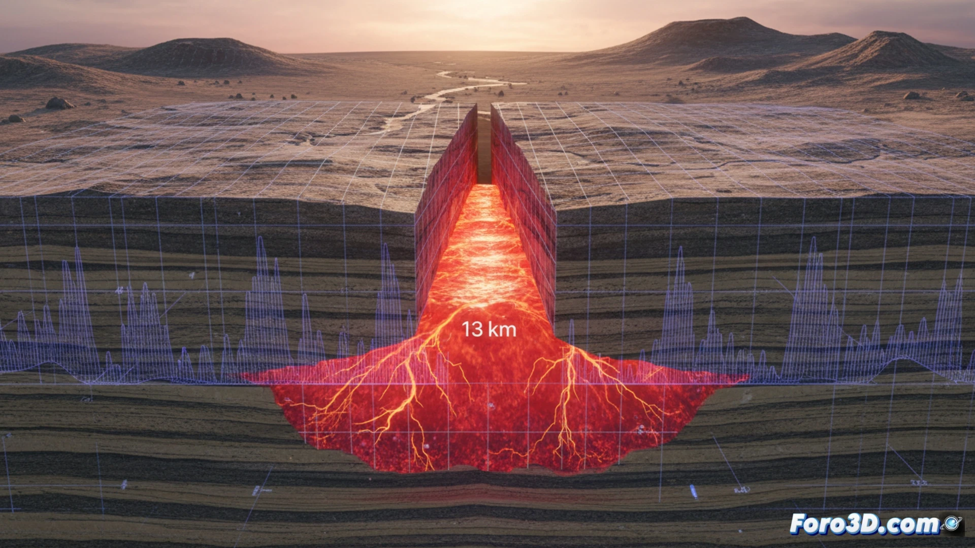 [Modelado 3D del adelgazamiento cortical en el rift de Turkana, con datos sísmicos y colores que indican el grosor de la corteza]