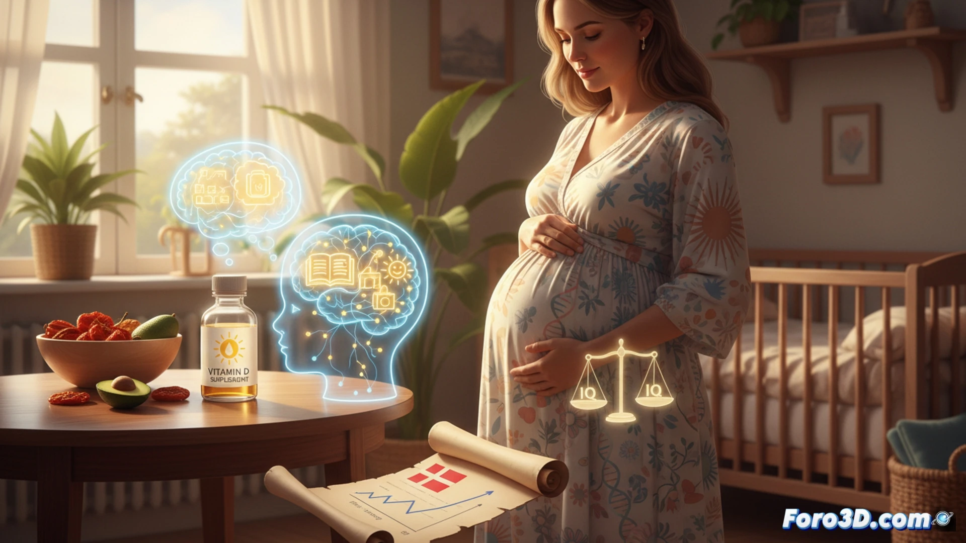 pregnant woman sitting at a table, holding a vitamin D supplement bottle, sunlight streaming through a window onto her belly, a tablet showing a brain scan with highlighted memory regions, a child solving puzzle pieces on the floor, a small graph on the table displaying flat IQ line with slight memory improvement curve, photorealistic medical illustration, soft clinical lighting, clean modern interior, warm natural tones, technical focus on cognitive development process, realistic textures on pill bottle and tablet screen, cinematic depth of field