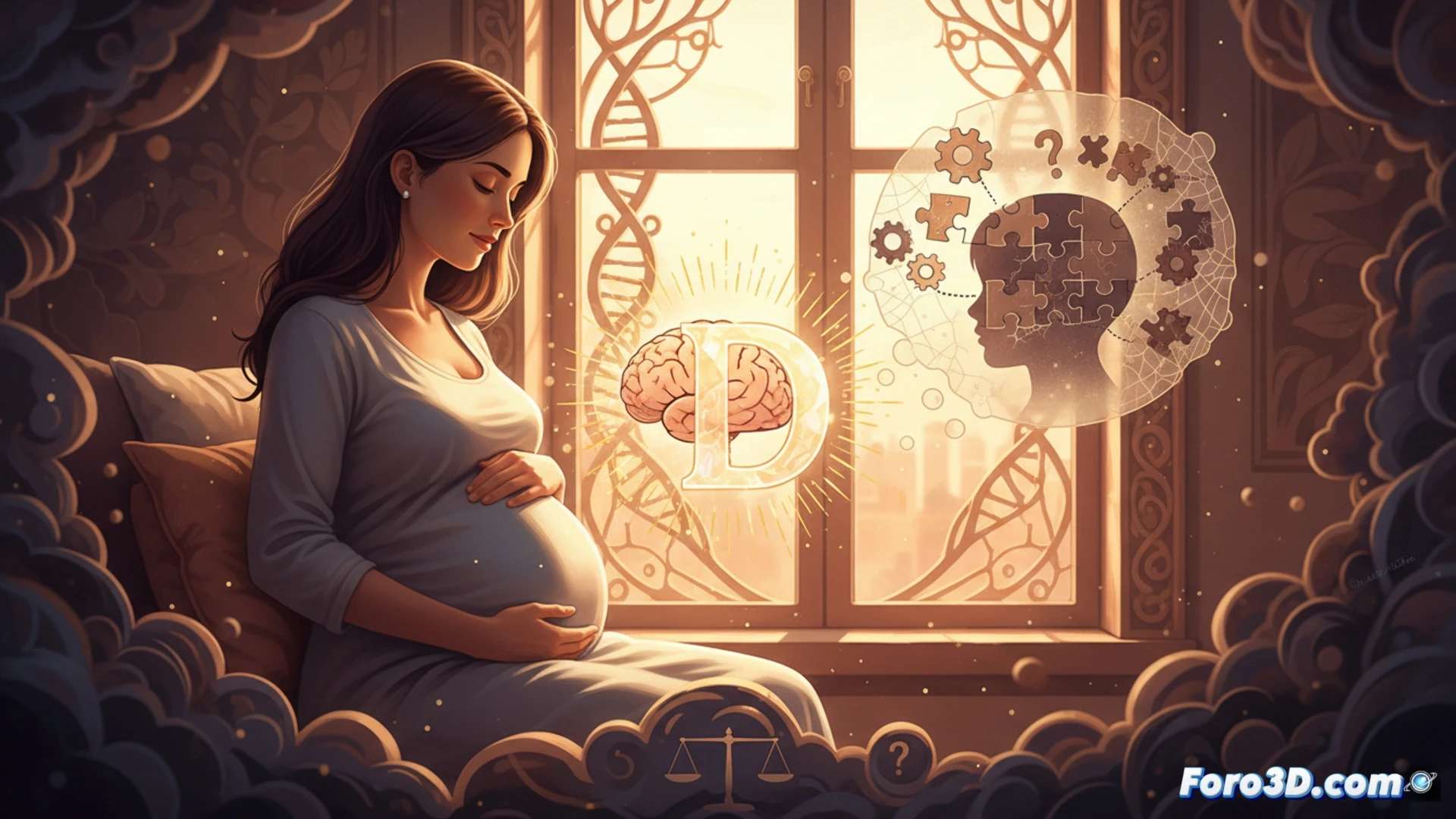 Pregnant woman profile with translucent glowing fetus brain highlighted in blue, sunlight rays entering through window transforming into molecular structures of vitamin D, floating medical data graphs showing cognitive improvement curves with caution warning symbols, surrounded by technical medical monitoring equipment screens displaying respiratory study parameters, cinematic medical visualization, soft clinical lighting with warm amber tones contrasting cold blue digital elements, photorealistic anatomical detail, subtle particle effects showing vitamin molecules crossing placental barrier, professional medical illustration style, ultra-detailed tissue textures
