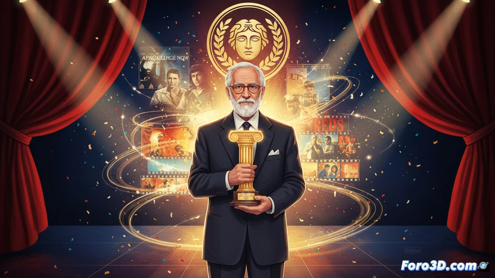 Vittorio Storaro en el escenario de los David di Donatello, sosteniendo el Premio Especial Cinecittà, con imágenes icónicas de sus películas proyectadas al fondo.