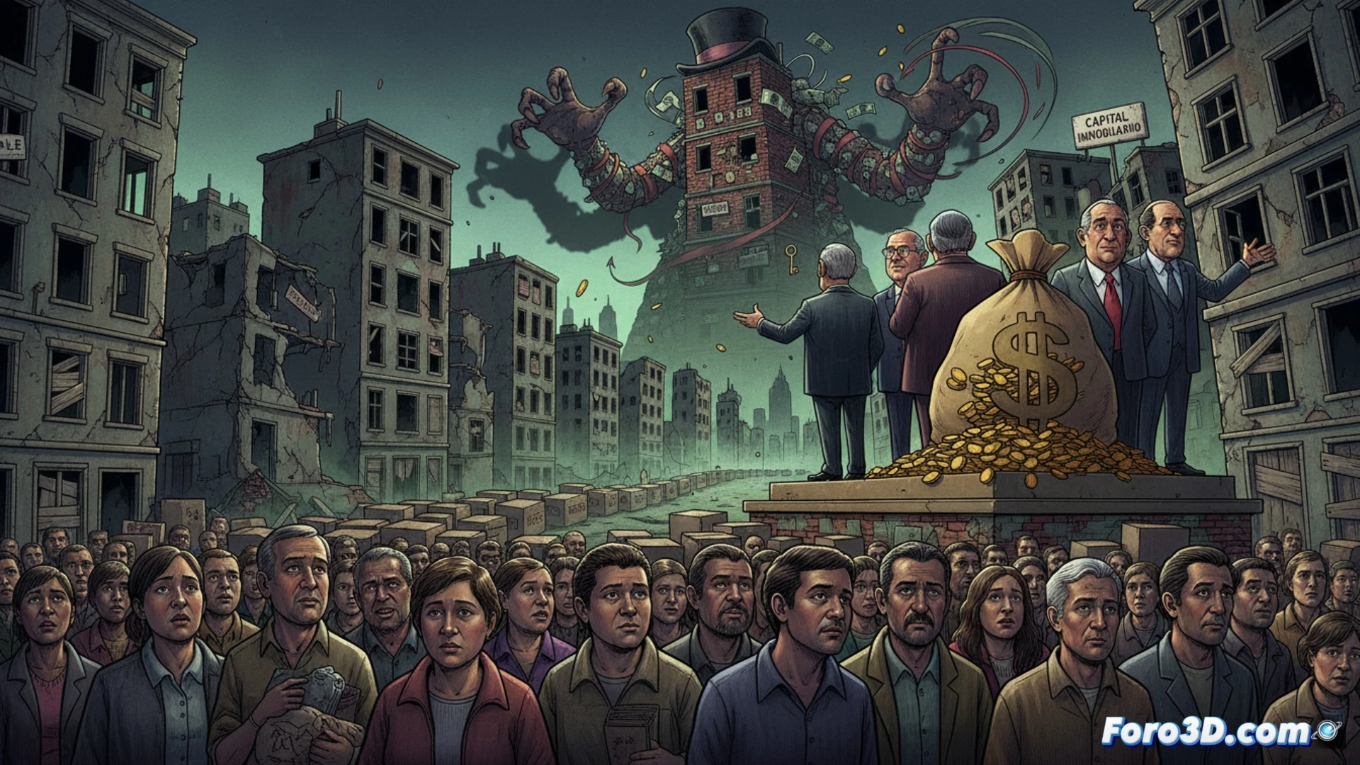 Realistic photorealistic scene of a residential street with rows of identical dark-windowed apartment buildings, a red sold-out sign hanging crookedly on one facade, a lone figure pressing a key into a rusted lock on a sealed metal shutter, dust motes floating in a beam of sunlight through a cracked windowpane, political campaign posters peeling off a lamppost in the foreground, abandoned construction tools and a broken clipboard on the pavement, cinematic wide-angle shot, dramatic overcast lighting, ultra-detailed brick textures, subtle fog, deserted atmosphere, technical architectural visualization