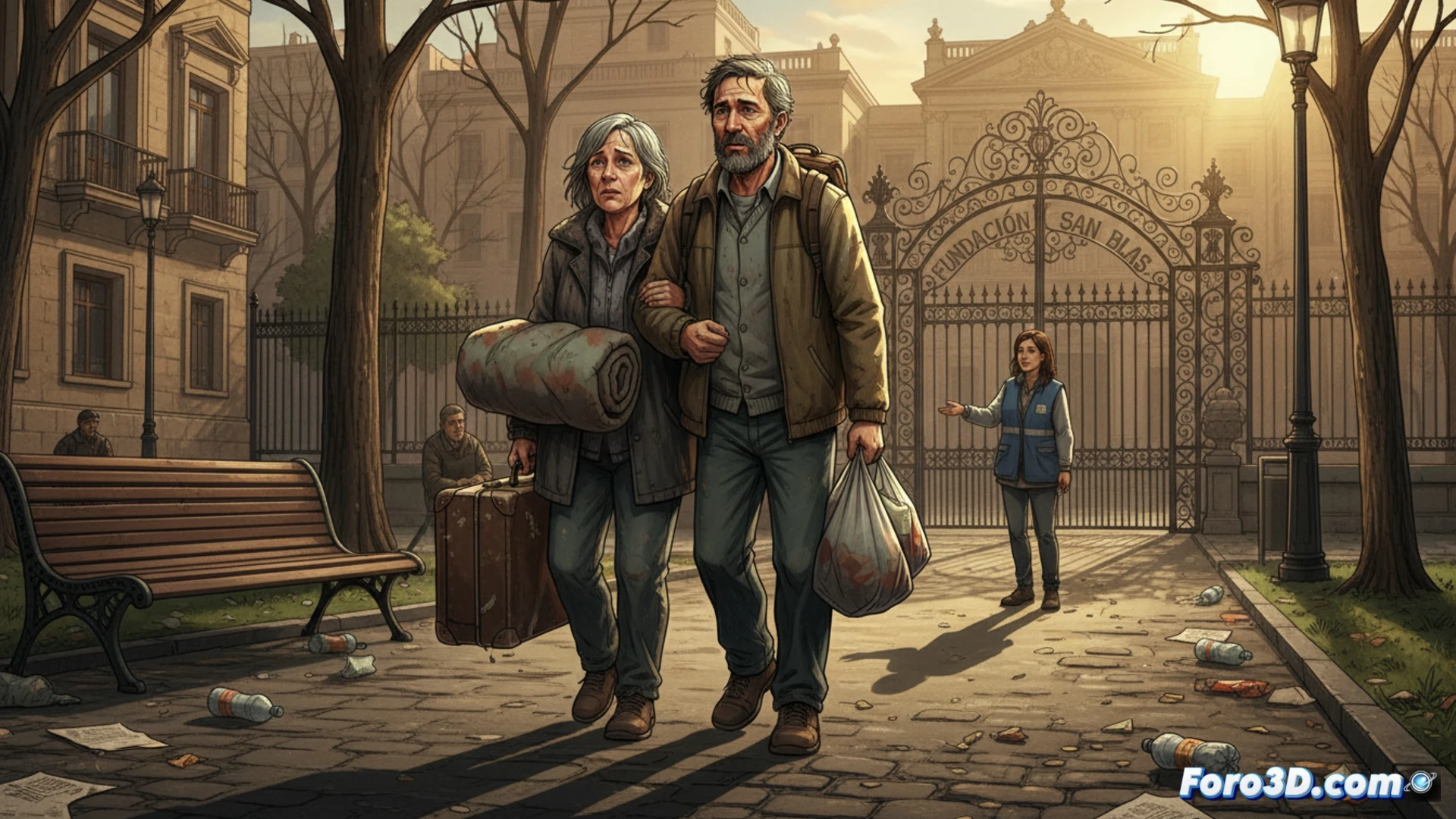 photorealistic wide shot, urban park at dawn, middle-aged woman and man sitting on folded cardboard boxes against a concrete bench, worn suitcase beside them, holding disposable coffee cups, faint warm light from Fundación San Blas sign in background, condensation rising from cups in cold air, empty playground behind them, cracked pavement, autumn leaves scattered, cinematic documentary style, soft grey overcast sky, muted earthy tones, shallow depth of field focusing on their tired expressions and chapped hands, ultra-detailed textures of worn clothing and cardboard