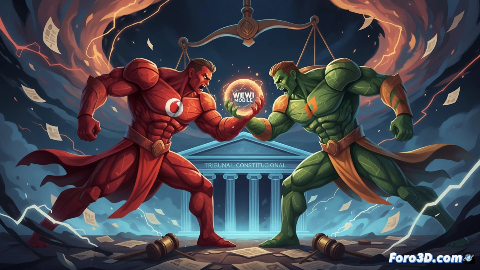 two corporate lawyers in dark suits facing each other across a polished wooden table, one holding a smartphone displaying a network signal icon, the other pressing a gavel onto a stack of legal documents, a holographic flowchart of corporate ownership lines breaking apart between them, dramatic courtroom lighting, photorealistic technical illustration, intense negotiation atmosphere, legal documents with visible contract clauses, digital interference glitches on the hologram, deep shadows and highlights on suits, ultra-detailed textures of wood grain and paper fibers