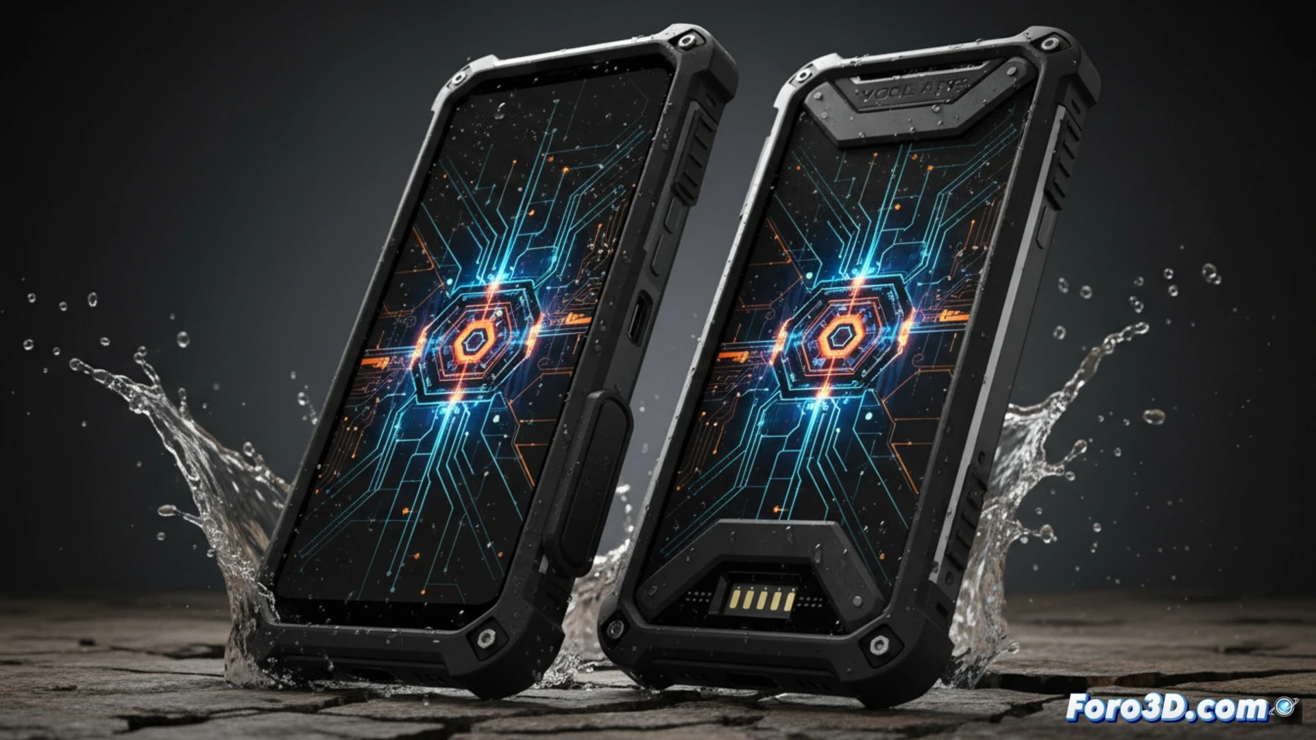 Un Volla Phone Plinius con carcasa robusta negra y naranja, sobre fondo industrial alemán, mostrando su diseño resistente de gama media.