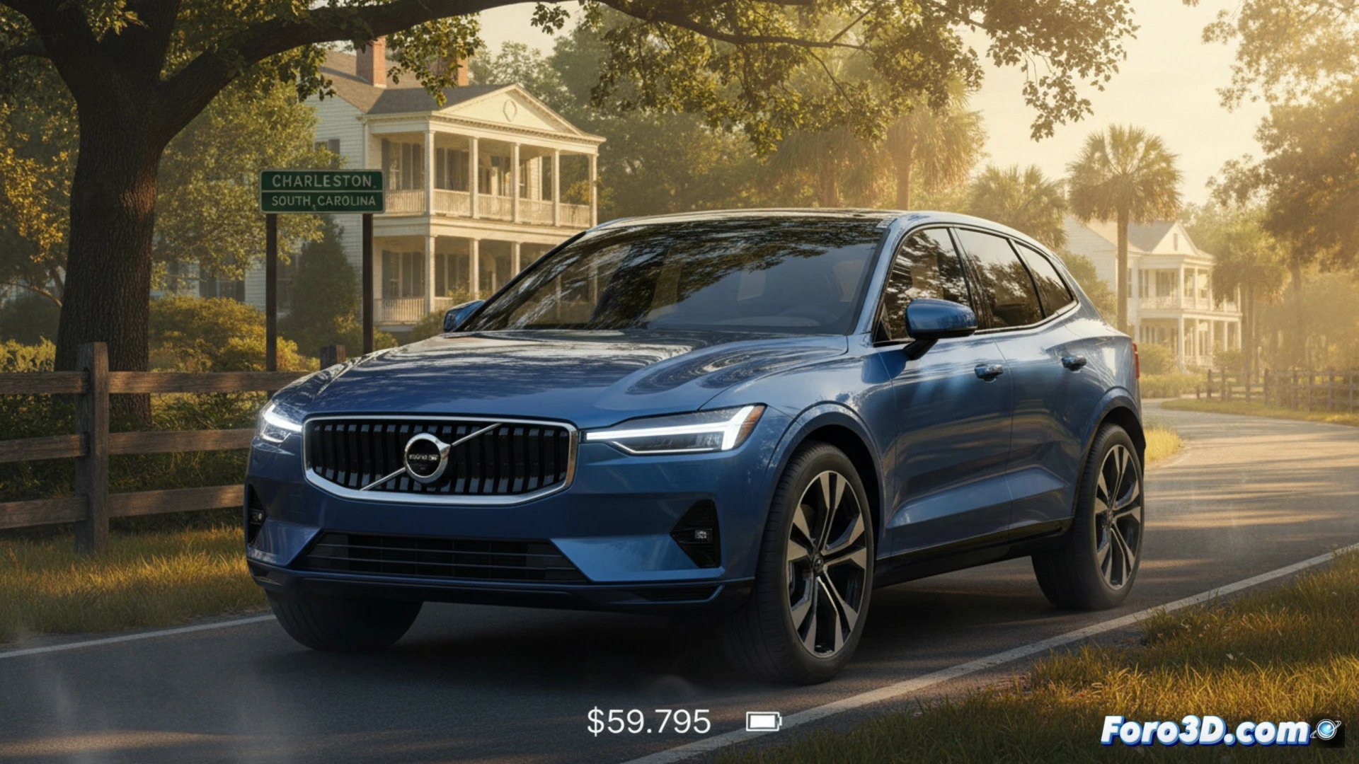 Volvo EX60 electric SUV being assembled on a modern production line in Charleston factory, robotic arms installing battery pack under the chassis while workers inspect wiring harnesses and cooling systems, overhead conveyor carrying body panels, bright industrial lighting with blue LED accents, holographic data display showing efficiency metrics and price tag 59.795, technical engineering visualization, photorealistic metallic surfaces, clean Scandinavian design, motion blur on moving assembly arms, ultra-detailed mechanical components