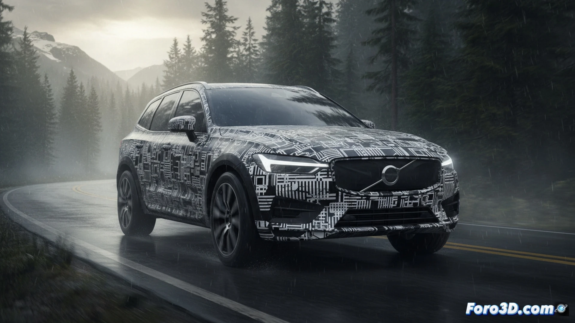 Volvo XC60 2027 prototype undergoing winter testing on a frozen track, front bumper partially removed revealing new LED headlight housing and radar sensor array, engineers adjusting diagnostic cables connected to an open hood while thermal camera captures heat signature from the hybrid exhaust system, heavy snow camo wrap peeling at edges showing redesigned grille mesh, technical engineering visualization, photorealistic automotive render, frost on metallic components, dynamic action of technicians analyzing real-time data on a ruggedized tablet, dramatic overcast lighting, ultra-detailed suspension and brake calipers visible through wheel spokes, cinematic industrial atmosphere