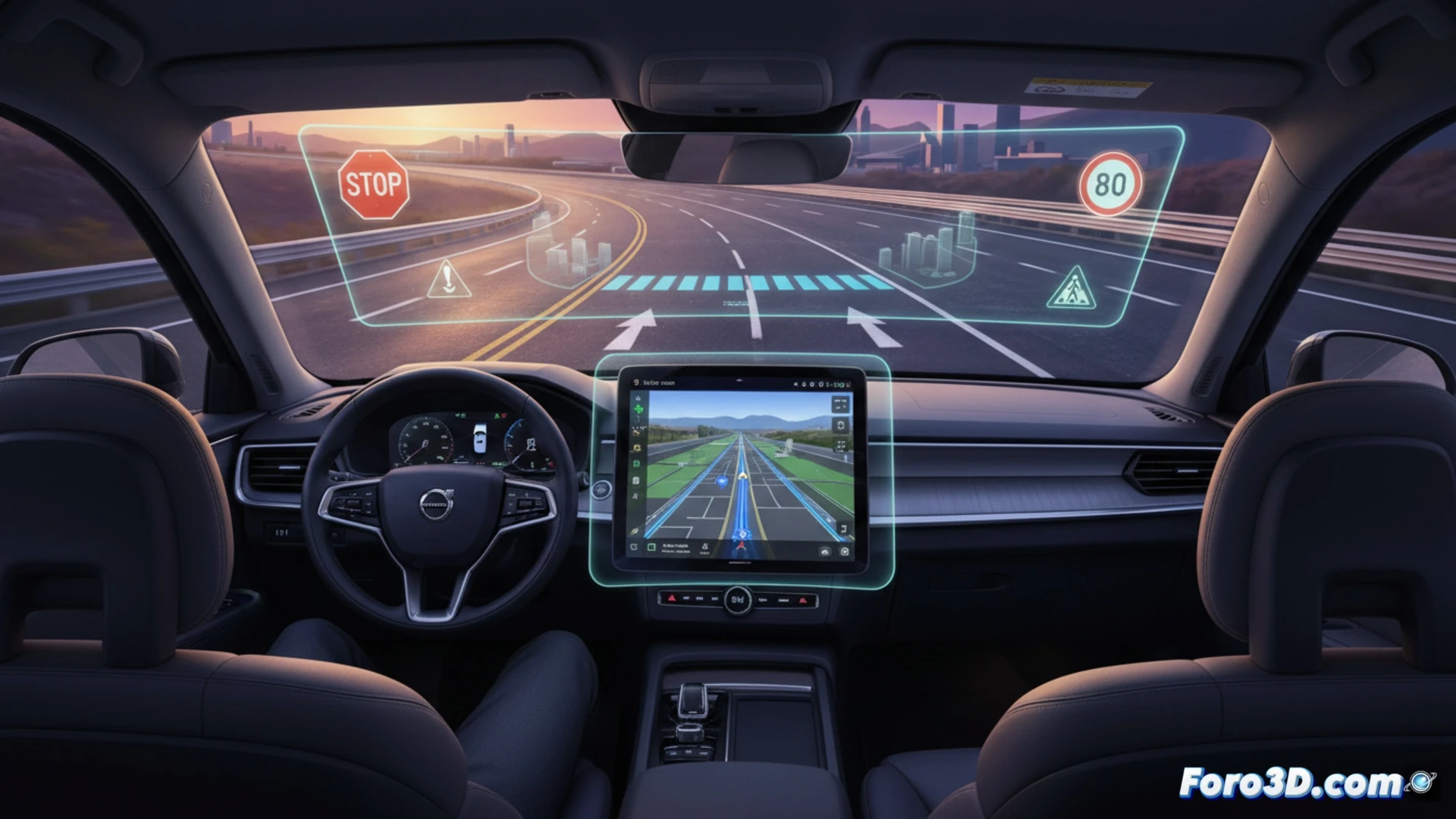 Volvo SUV dashboard displaying Google Maps 3D navigation, windshield showing real-time traffic signs and lane markings being scanned by Gemini AI, driver hand pointing at holographic route with landmark-based directions, urban street with buildings and traffic lights visible through glass, cinematic engineering visualization, glowing blue UI overlays on windshield, photorealistic interior with leather seats and wood trim, digital map projecting arrows onto road surface, motion blur from moving vehicle, dramatic sunset lighting, ultra-detailed car interior and interface
