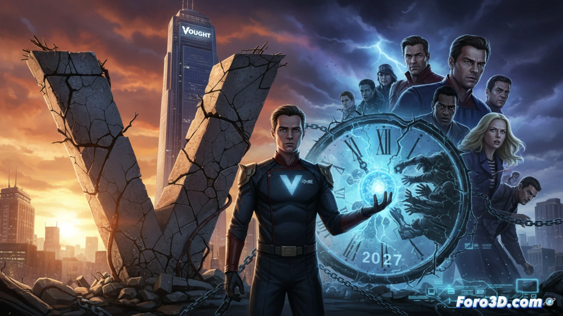 Un cartel de Vought Rising se cierne sobre el set de The Boys, con actores y guiones dispersos, simbolizando la interferencia en la temporada final.
