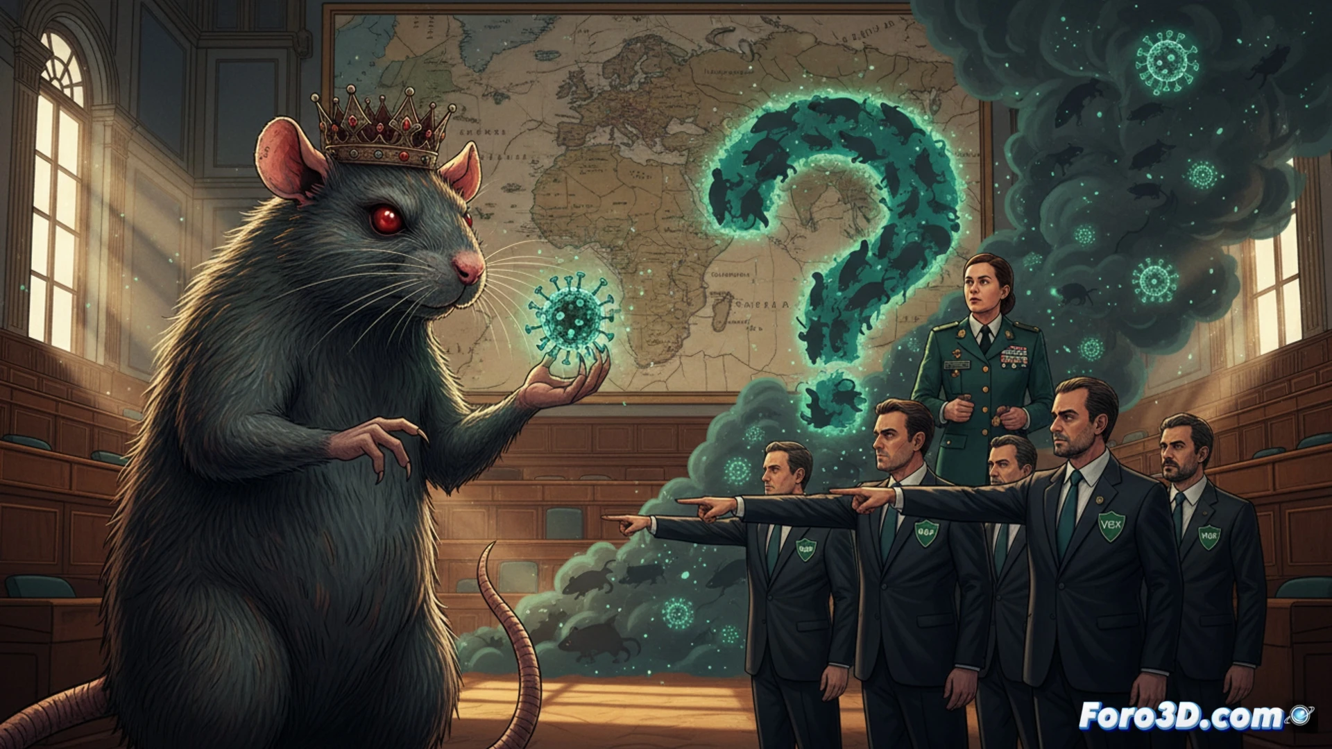 Microscopic hantavirus particles emerging from rodent feces on a wooden surface, a security camera lens zooming in on the sample, a digital screen displaying a virus structure model and classified documents, a government seal watermark in the background, photorealistic technical illustration, sharp focus on virus spikes, sterile laboratory lighting, shadowy figures of security officers observing from a distance, cinematic surveillance aesthetic, ultra-detailed biological and hardware textures