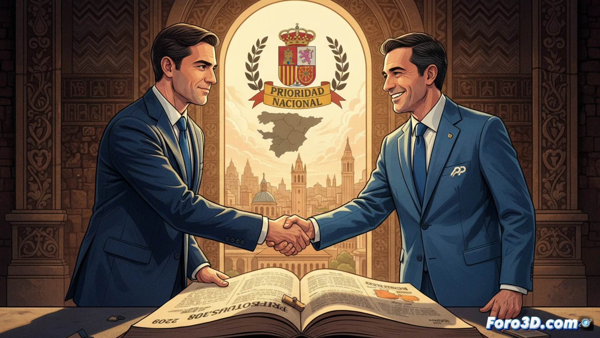 two politicians shaking hands over a polished wooden table, a digital tablet showing budget graphs and a highlighted phrase prioridad nacional in Spanish, a stack of official documents with financial charts, a government building emblem faintly visible in the background, technical illustration style, photorealistic render, cinematic lighting from a desk lamp casting shadows, hands in business suits, documents with bar charts and pie charts, tablet screen glowing with blue data visualization, subtle motion blur on the handshake to imply agreement process, ultra-detailed textures on paper and wood, engineering visualization aesthetic