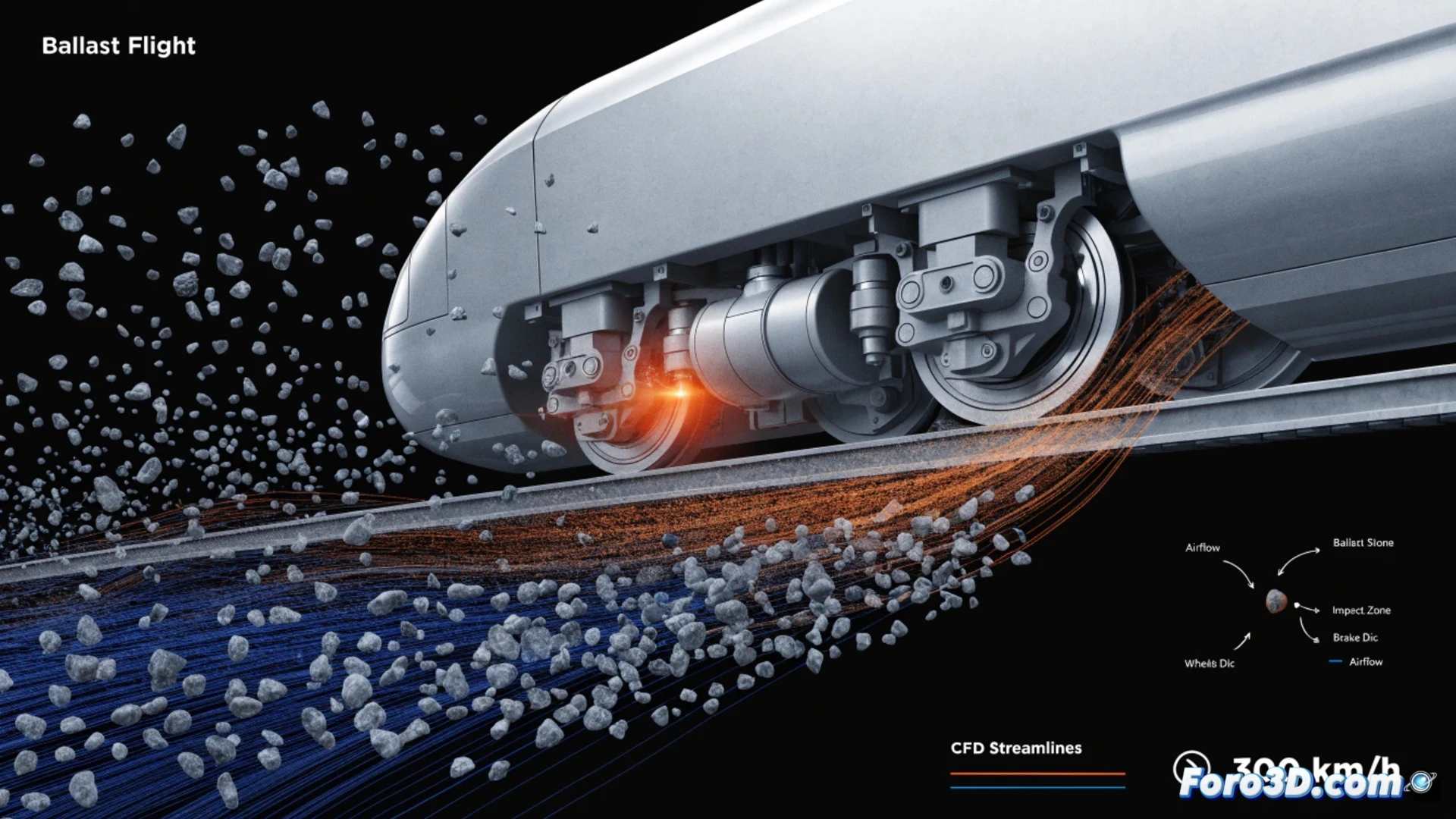 Simulación CFD vuelo balasto tren alta velocidad 300 km/h trayectorias piedras deflectores protectores bajos