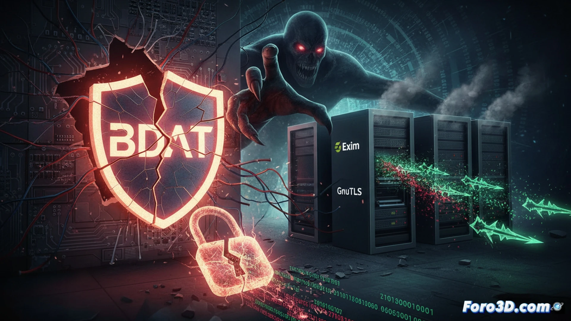 Un servidor de correo vulnerable con código malicioso entrando por la línea BDAT, alerta de seguridad GnuTLS expuesta.