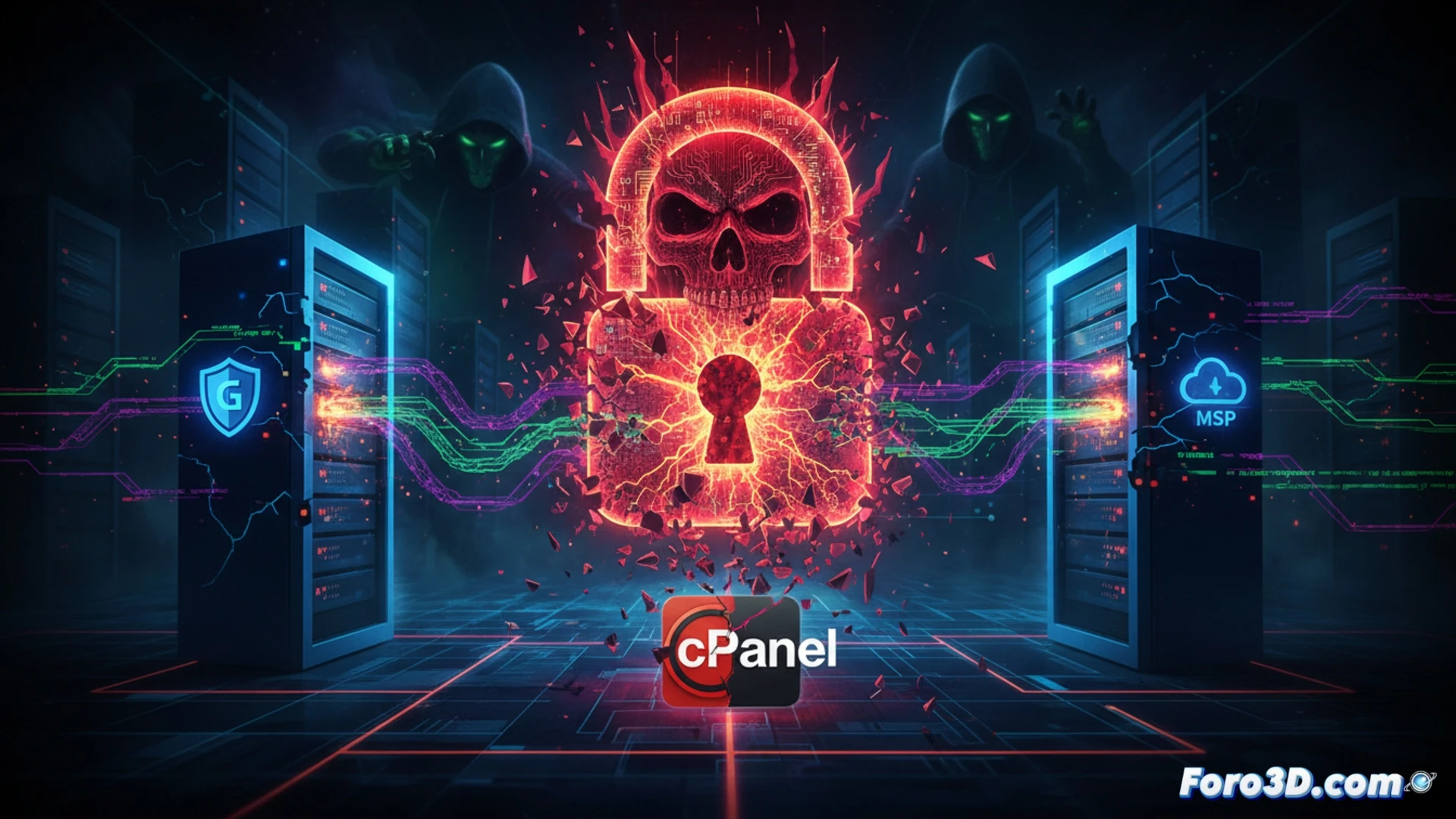 Un panel de cPanel con alertas rojas y un candado roto, sobre un mapa de red con servidores gubernamentales y MSP.
