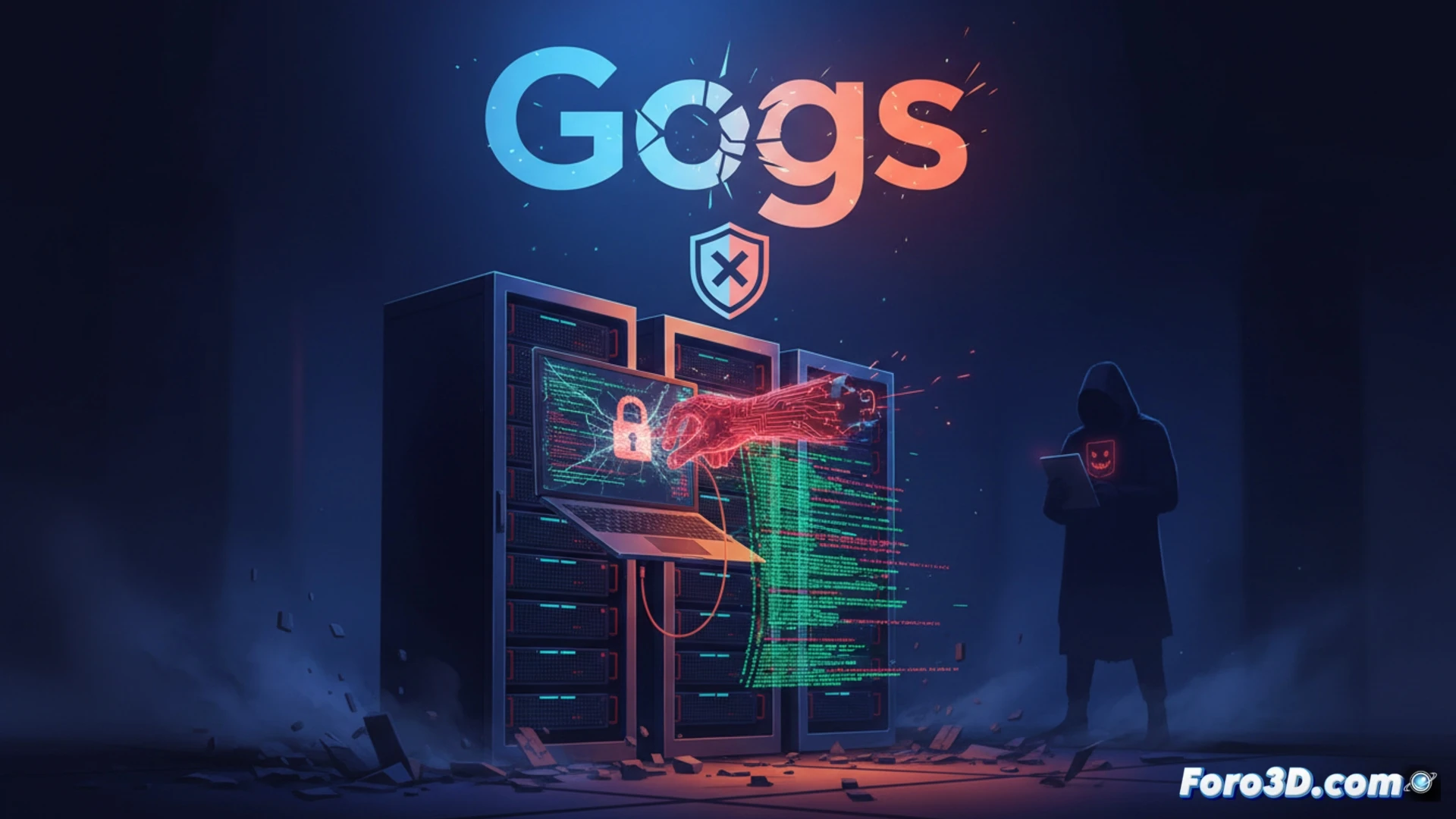 technical illustration of a Gogs server rack being compromised, red alert indicators flashing on network switches, a terminal screen displaying malicious code injection while a glowing digital lock icon cracks open, data streams flowing from exposed database nodes, a hooded silhouette figure manipulating server control panels, dark server room atmosphere with blue and red emergency lighting, motion blur on keyboard keystrokes, highlighted vulnerability path traced with neon green lines from user authentication to root access, photorealistic cybersecurity visualization, dramatic contrast between secure and breached zones, ultra-detailed server hardware components