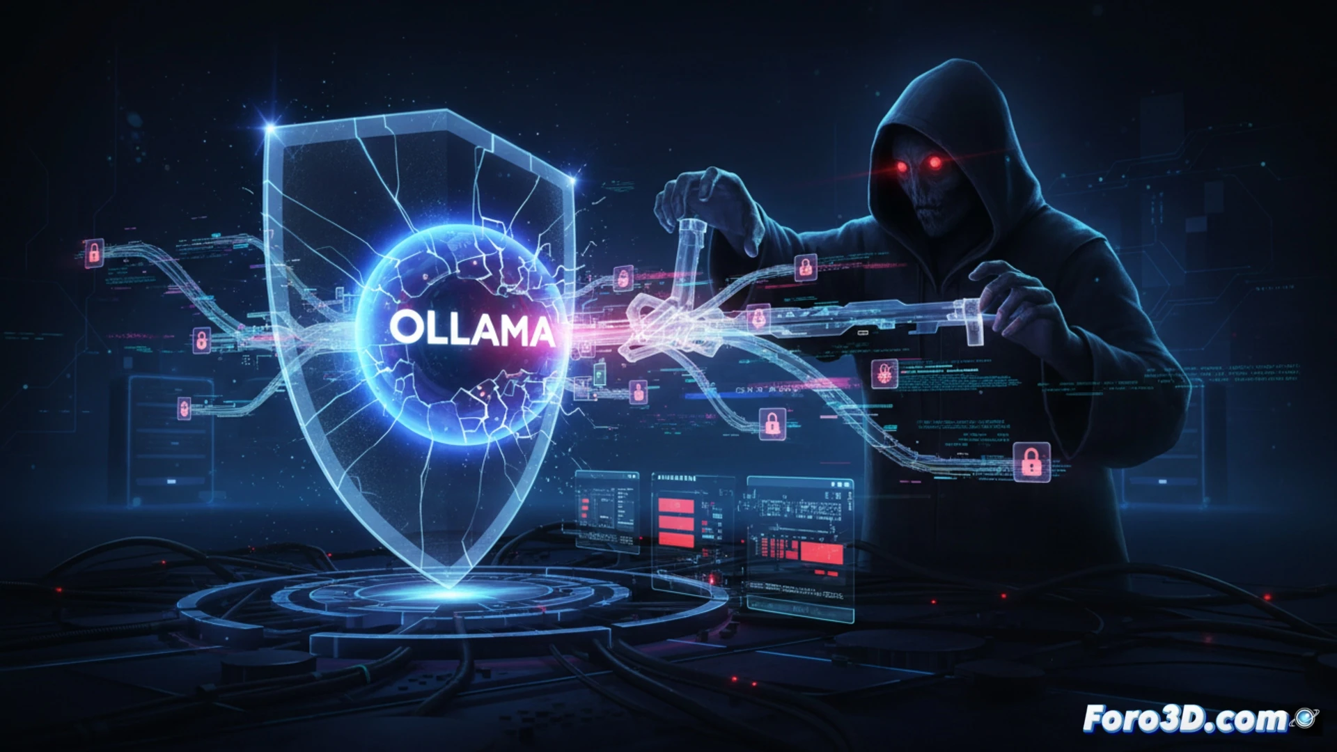 Ilustracion de un servidor Ollama con fugas de datos digitales, mostrando memoria expuesta a un hacker remoto.