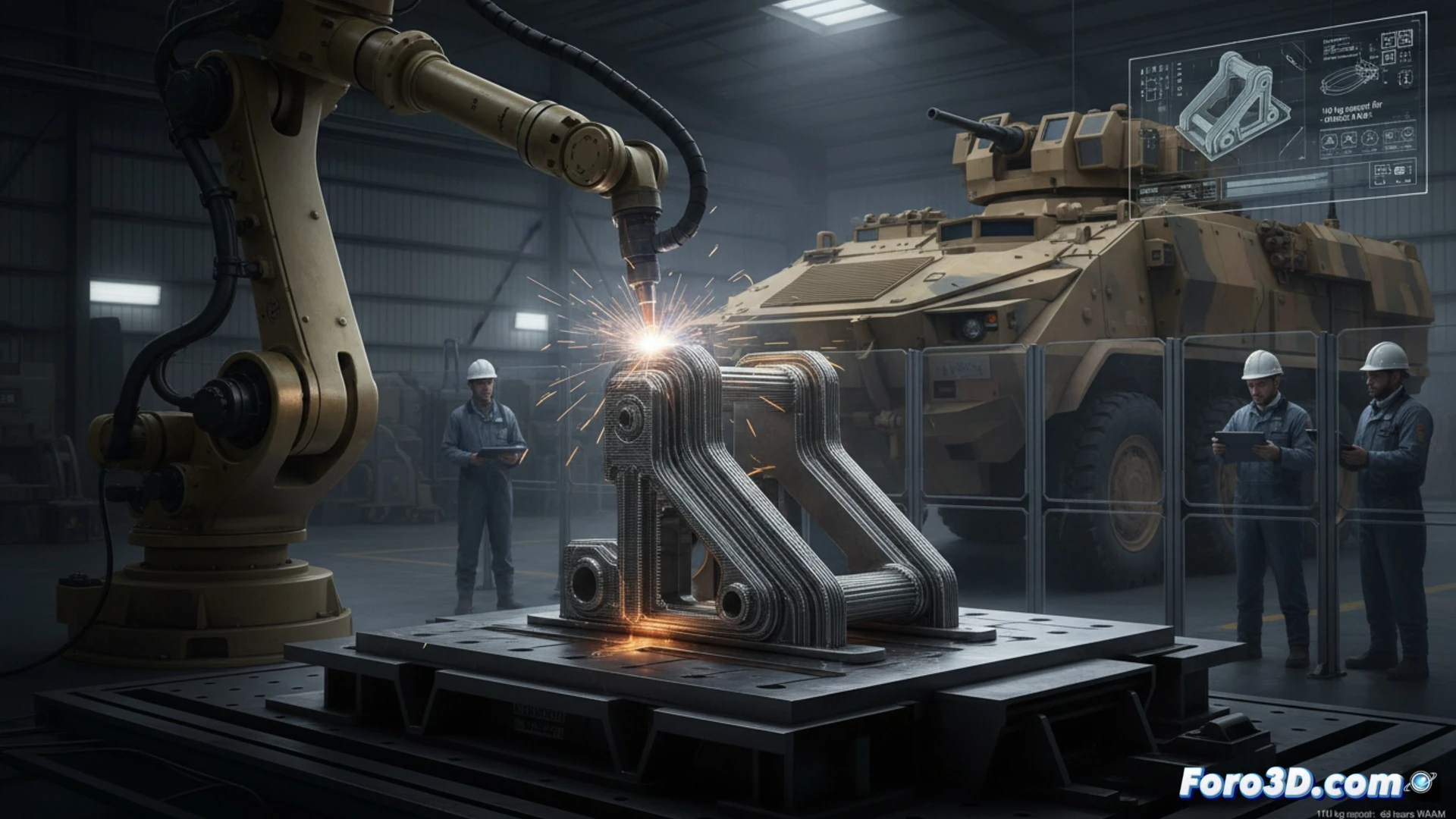 WAAM robotic arm depositing molten metal layer by layer to build a 110 kg suspension and differential support bracket for a Mastiff armored vehicle, robotic welding torch actively extruding metallic bead onto the growing part, orange-hot glowing metal contrasting with the cold dark steel base plate, no mold or casting equipment visible, digital manufacturing cell with CNC gantry and industrial robotic arm in background, engineering visualization style, photorealistic technical render, dramatic workshop lighting with sparks and heat haze, ultra-detailed mechanical surface texture, cinematic industrial scene