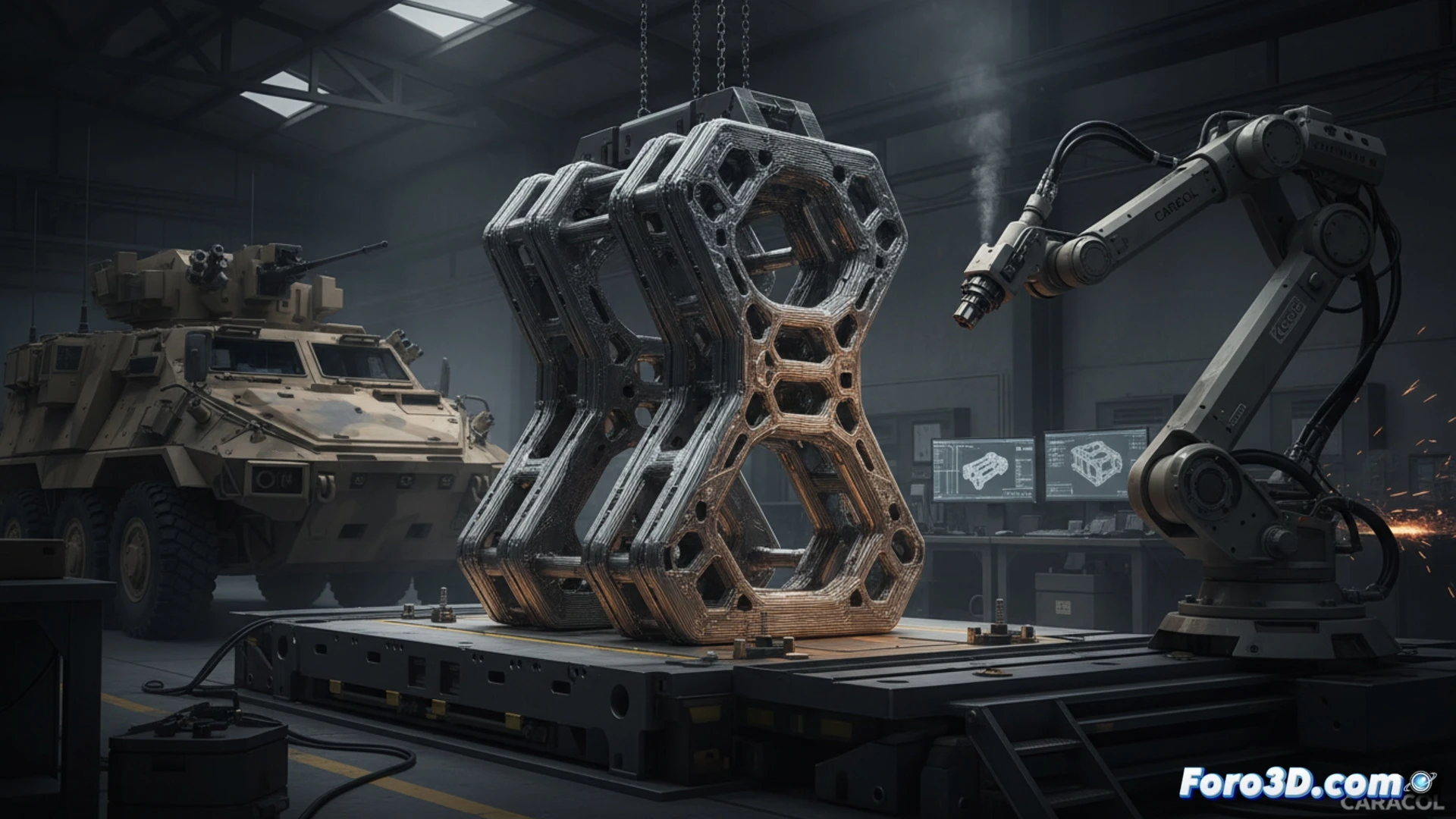 robotic WAAM welding arm depositing molten steel layer by layer onto a large 110kg suspension bracket for Mastiff armored vehicle, bright orange electric arc glowing at nozzle tip, metallic bead texture visible on partially printed differential support, industrial robotic cell with safety barriers and ventilation ducts, digital twin interface screen showing 60-hour print progress and layer height data, photorealistic engineering visualization, dramatic workshop lighting with sparks reflecting on oil-stained concrete floor, ultra-detailed mechanical components, cinematic industrial atmosphere