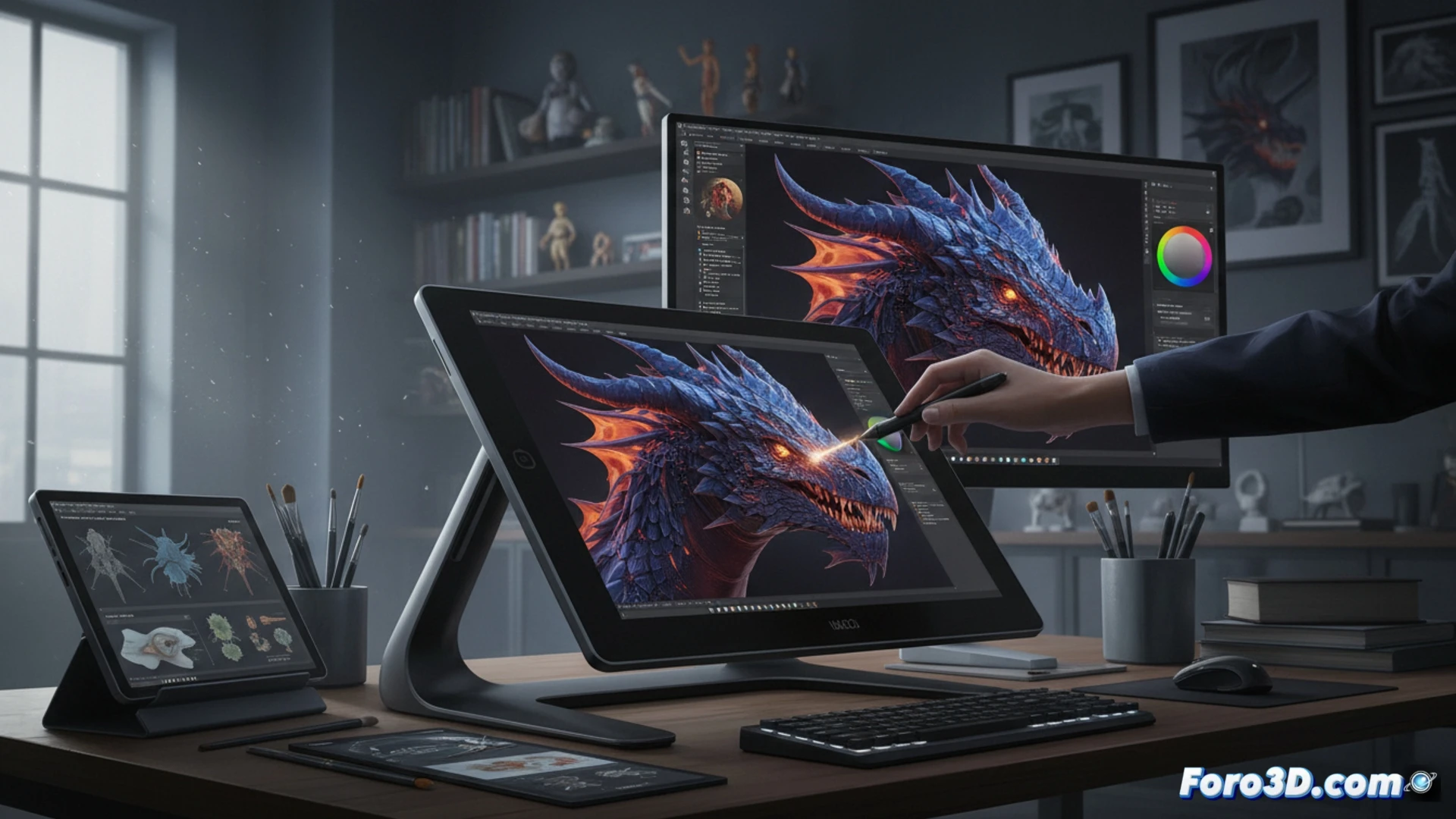 Professional artist hand using Wacom Cintiq Pro 27 stylus on screen during 3D sculpting session, close-up view showing precise brush stroke on high-resolution digital clay model, screen displaying intricate polygon mesh and texture details, vivid color gradients visible on 27-inch display, smooth 120Hz motion trail effect from stylus tip, ergonomic adjustable stand in studio environment, soft diffused lighting on matte screen surface, photorealistic technical illustration, ultra-sharp pixel rendering, cinematic depth of field focusing on stylus contact point, subtle ambient glow from monitor edges