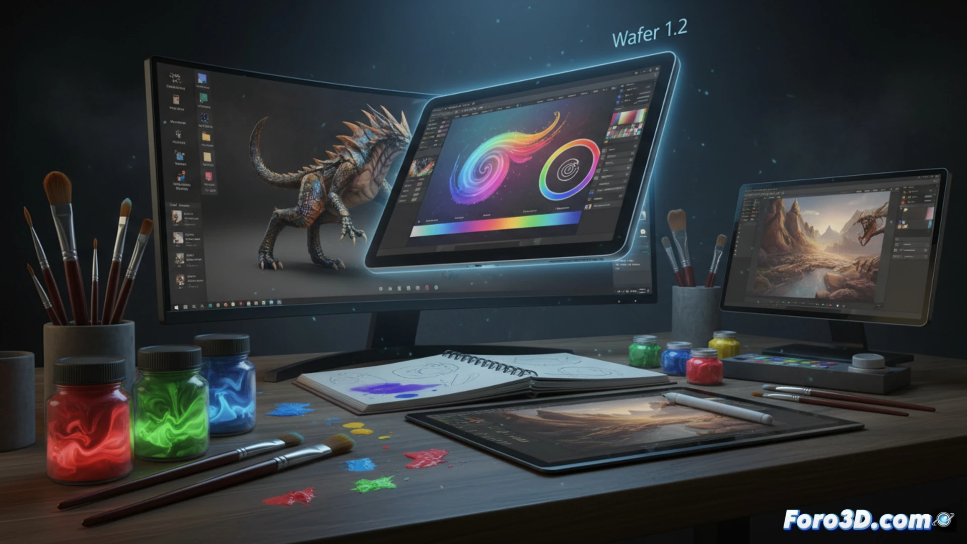digital painting interface showing a stylus tip touching a tablet screen, brush stroke appearing with pressure-sensitive variable opacity on a multi-layered canvas, layer panel visible with mask icon and blend mode dropdown, smudge tool smearing wet paint texture, physics-based render engine creating realistic paint flow, technical illustration style, clean UI elements like brush presets and sticker library, soft backlight glow on tablet surface, precise engineering visualization of digital art workflow