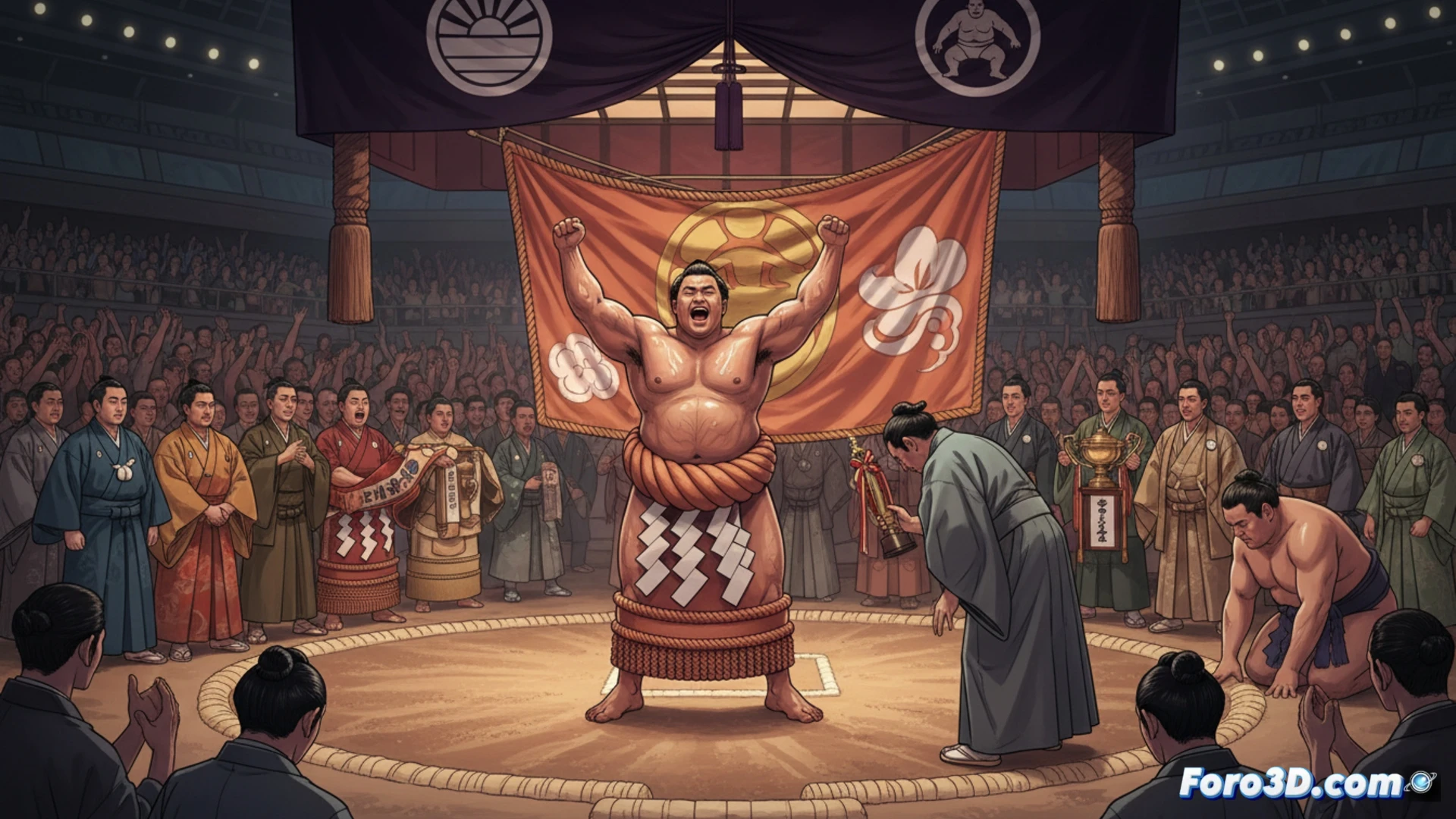 sumo wrestlers locked in a decisive match, Wakotakage executing a powerful beltless arm-throw technique against ozeki Kirishima, both bodies mid-action with sweat droplets flying, traditional mawashi belts tight, clay dohyo surface scattering sand under their feet, ceremonial tassels on the roof edge blurred in background, cinematic sports photography style, dramatic arena lighting from above, intense facial expressions, motion blur on limbs, photorealistic technical visualization, high-speed freeze-frame capturing the exact moment of imbalance and victory