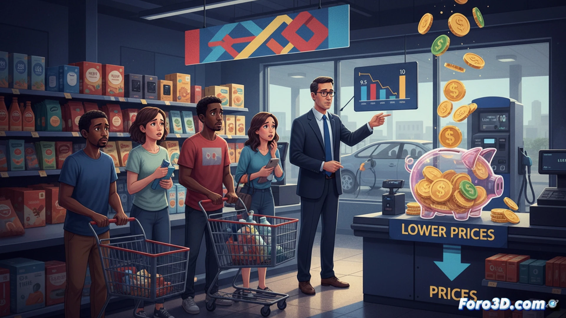 Walmart gas station scene, customer holding fuel nozzle with digital display showing under 10 gallons, anxiety on driver face, car dashboard with rising fuel cost indicator, split view showing tariff refund documents on clipboard next to store price tag being lowered, cinematic photorealistic style, warm golden hour light contrasting with cold blue digital screens, ultra-detailed metallic pump components, tire treads on wet asphalt reflecting neon store sign, macro focus on nozzle trigger and fuel meter, dramatic shadows emphasizing economic tension, hyperrealistic consumer retail environment