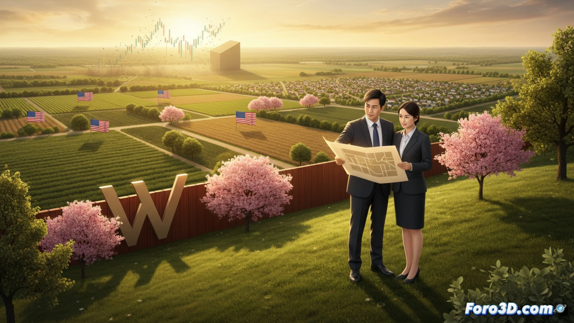 Un inversor japonés examina un mapa de tierras agrícolas en EE.UU., con Walton simbolizando estabilidad y diversificación.