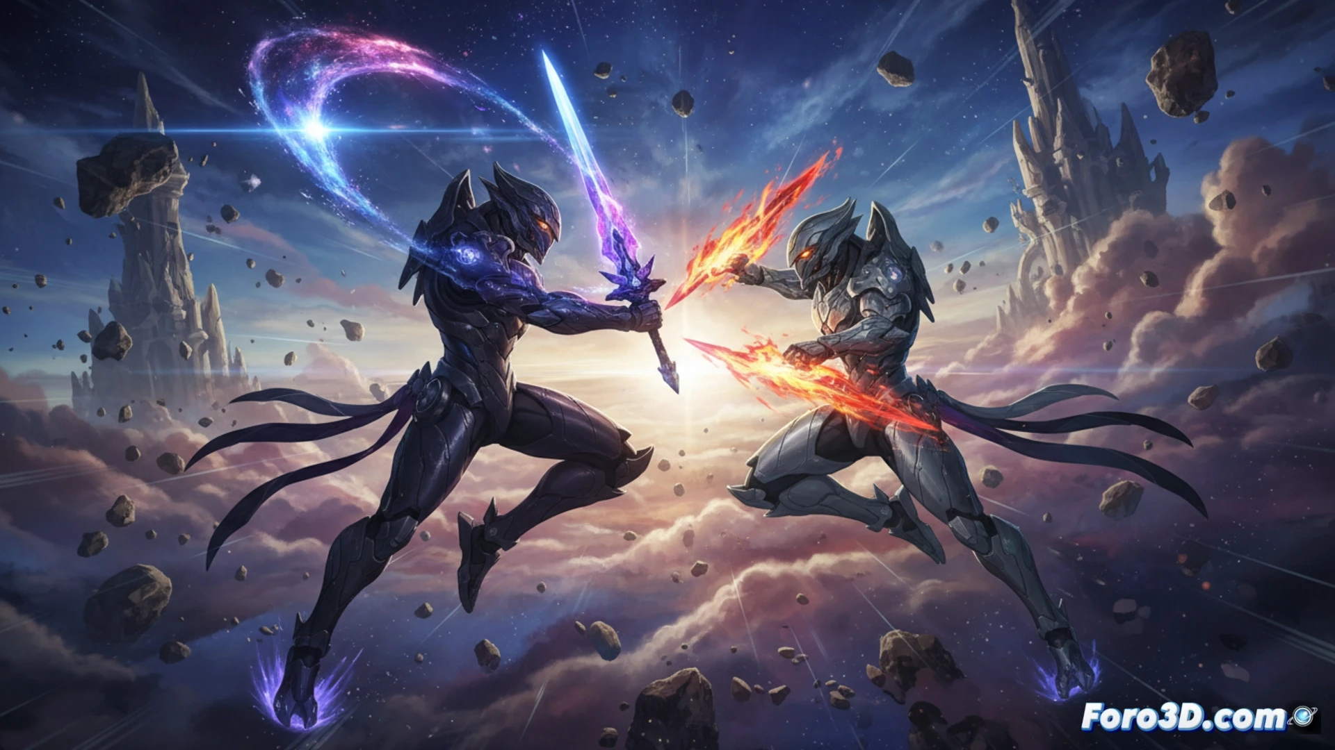 Ilustración anime: dos guerreros, Sirius y Orion, chocan en el espacio entre líneas temporales, con estelas de energía y fragmentos de constelaciones.