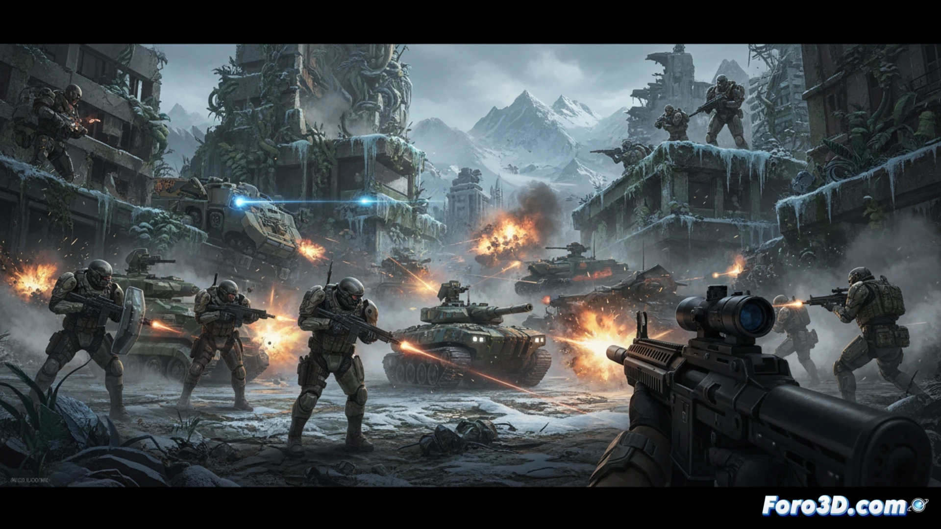 A first-person tactical combat scene in a frozen industrial biome, eight customizable agents in defensive, assault, and sniper roles breaching a ruined hangar, fifteen personalized vehicles parked under camouflage netting, a 10v10 firefight erupting with tracer rounds during a Hardpoint capture, glowing red objective marker on a damaged crane, photorealistic cinematic visualization, dynamic muzzle flashes, vehicle armor panels showing modular upgrades, snow-covered debris scattered across the battlefield, dramatic low-angle sunlight piercing through smoke, ultra-detailed weapon attachments and tactical gear, realistic particle effects from explosions