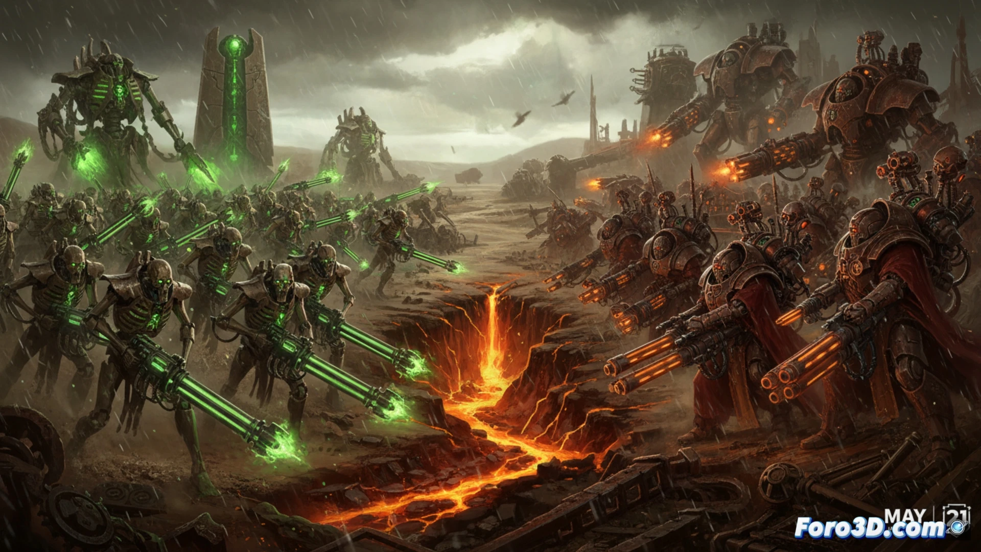 Una imagen dividida muestra a la izquierda a Vargard Nefershah Necron, y a la derecha al Magos Dominus Faustinius, enfrentados en un campo de batalla tecnológico.